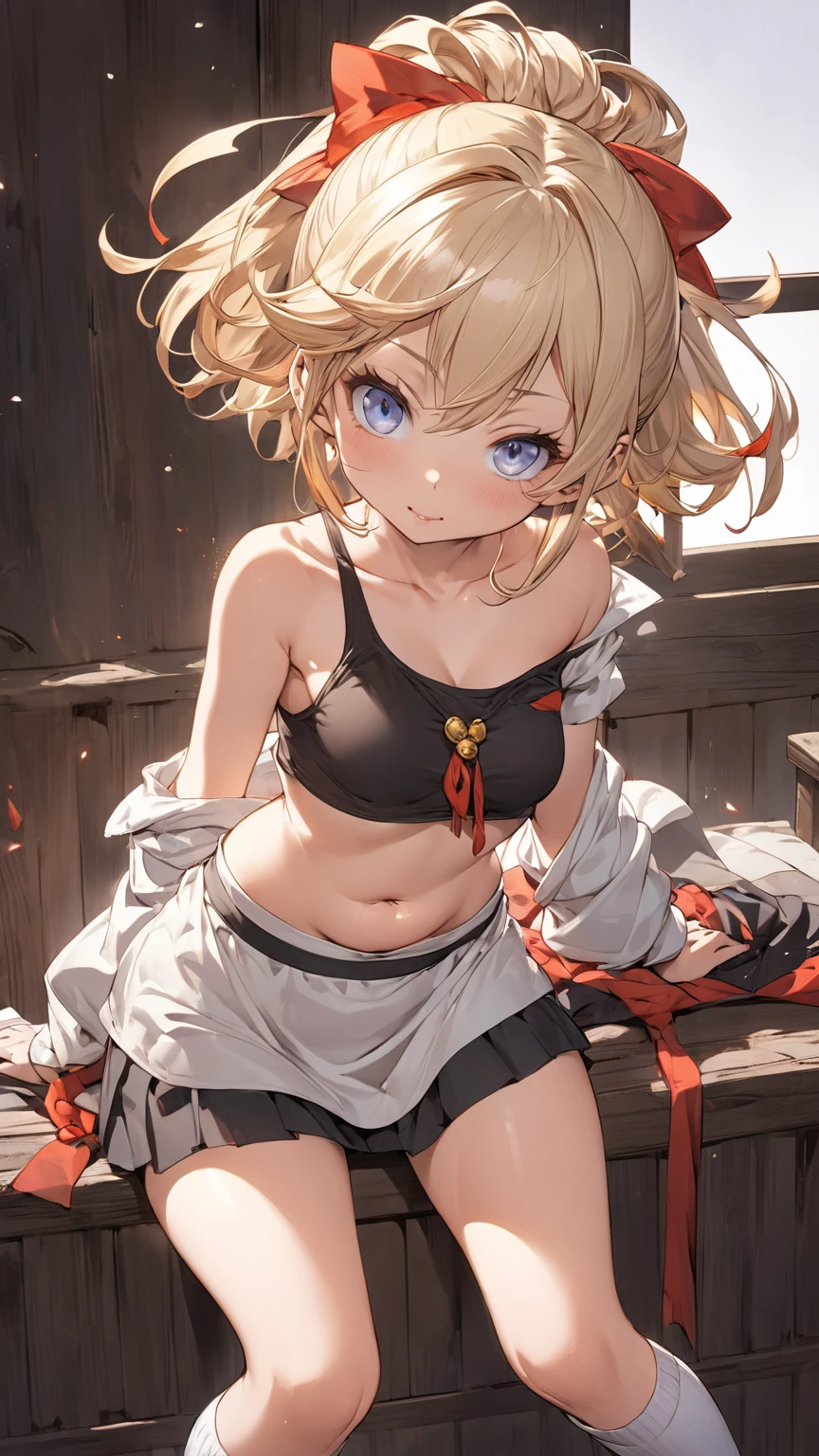 ((solo girl)),((Perfect body,))((Super beautiful,))((High quality,)),in bedroom,((Perfect body,))((Super beautiful,))((High quality,))breast,collar,nswf,cowboy shot, ((Reisalin Stout,Atelier Ryza,hat,hairbow,blond hair,brown skin,white blazer ,very short red Pleated skirts,))Pleated skirts that are too short and expose underwear,(Heavy breathing,saliva, sweat, Sweaty and wet all over,)(Lift up the hem of her skirt to show off her crotch),((open mouth,tongue out,Fellatio gesture,))