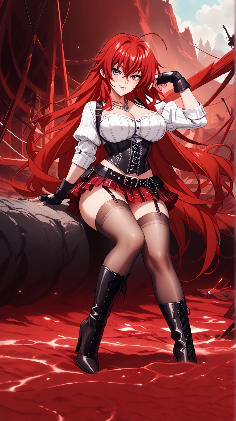 (masterpiece:1.2), (photorealistic:1.2), (best quality),((realistic:1.3)), (detailed skin:1.3), (intricate details), dramatic, ray tracing,finely detailed, quality,realistic lighting,huge breasts,1girl,1girl, rias_gremory,, red hair, ahoge, blue eyes, large breasts, very long hair, breasts, red skirt, huge ahoge, socks,,full body,smile,looking at viewer,(outdoors,dynamic pose)