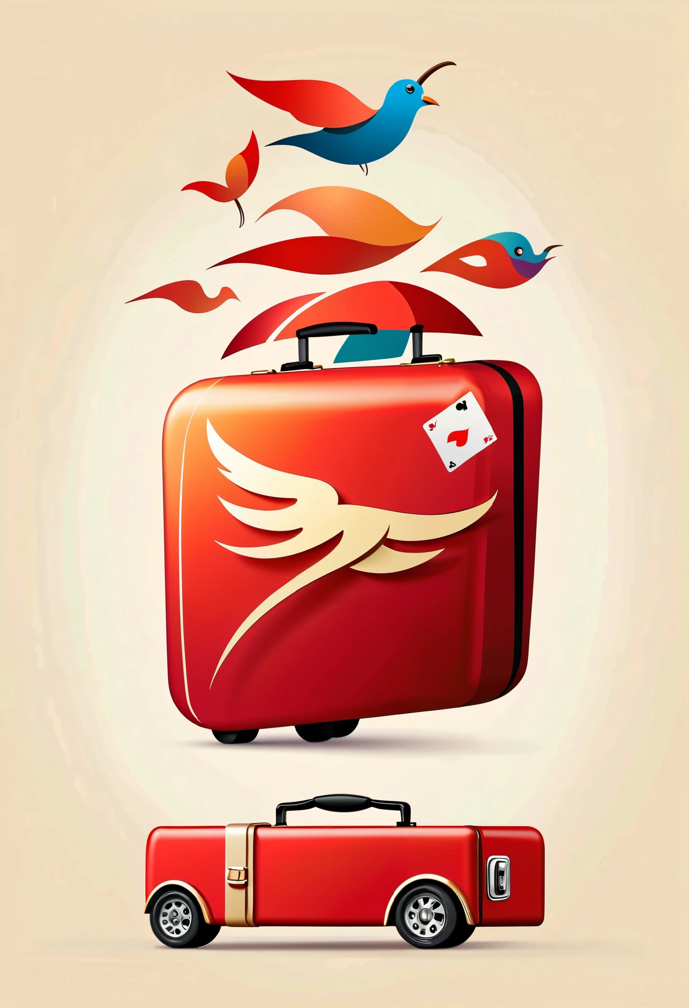 Design a unique logo,(Abstract Chinese Grandma and Grandpa ),(An unusually large suitcase in the shape of an anthropomorphic flying playing card:1.7), red peach a,k, happy walking ,Team emblem , simple ,Gradient red,China Senior Travel Group,Design a unique logo,(An unusually large suitcase in the shape of an anthropomorphic flying playing card:1.7), red peach a,k, happy walking ,Team emblem , simple ,Gradient red,China Senior Travel Group,