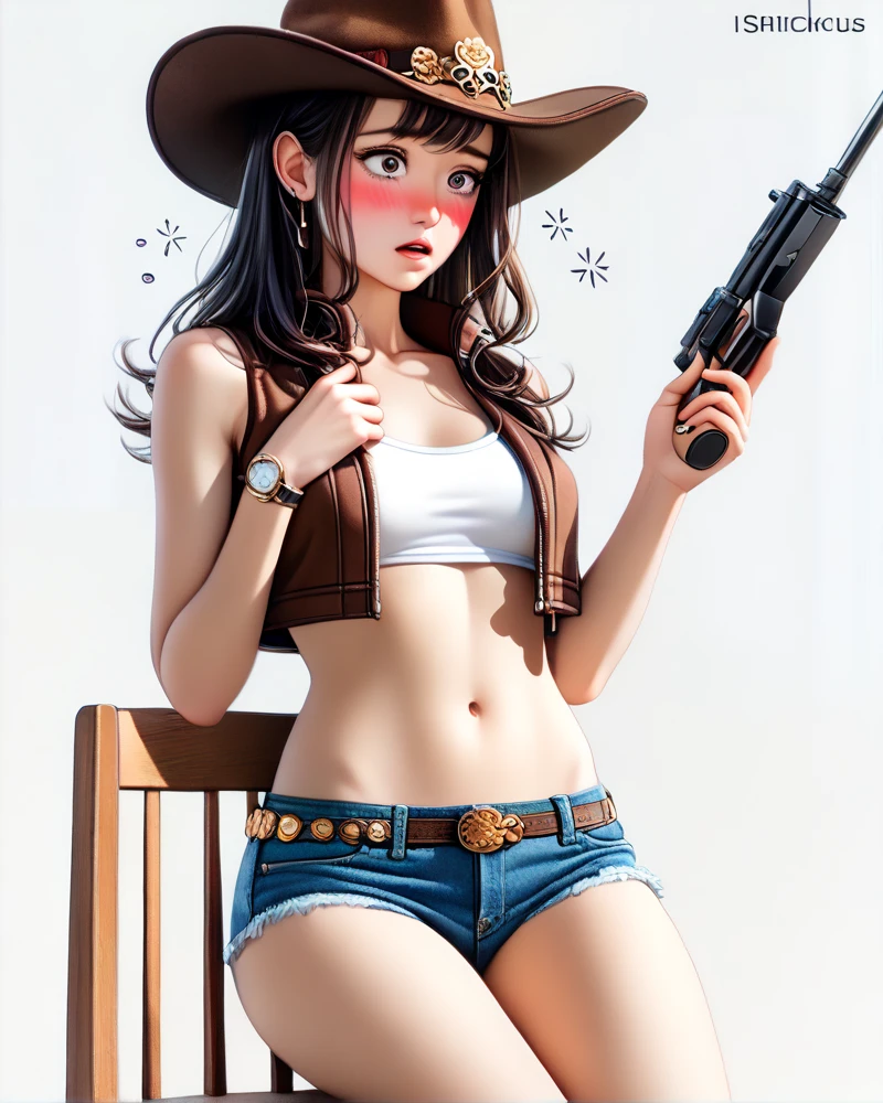 (((One beautiful naked cowgirl:2.0))),(((NSFW:2.0))),(((Nude:2.0))),(((Brown gun belt with holster:2.0)),((Wear a watch on your wrist:1.5))),((Blushed:1.8)), Beautiful detailed girl, Very detailed目と顔, 緻密でBeautiful Eyes, Very detailed, High resolution, Highest quality, masterpiece, Very detailed, 8k wallpaper, wonderful, finely, Highest quality,(((Standing in front of a wooden wall:2.0)))),Beautiful Eyes,(((Shot from under your feet:3.0))),((Drinking whiskey:1.4)),(((Place your hands on your chest:1.5))),(((Drunk:1.8))),(((Crying face:1.8))),(((Are standing:1.2)))