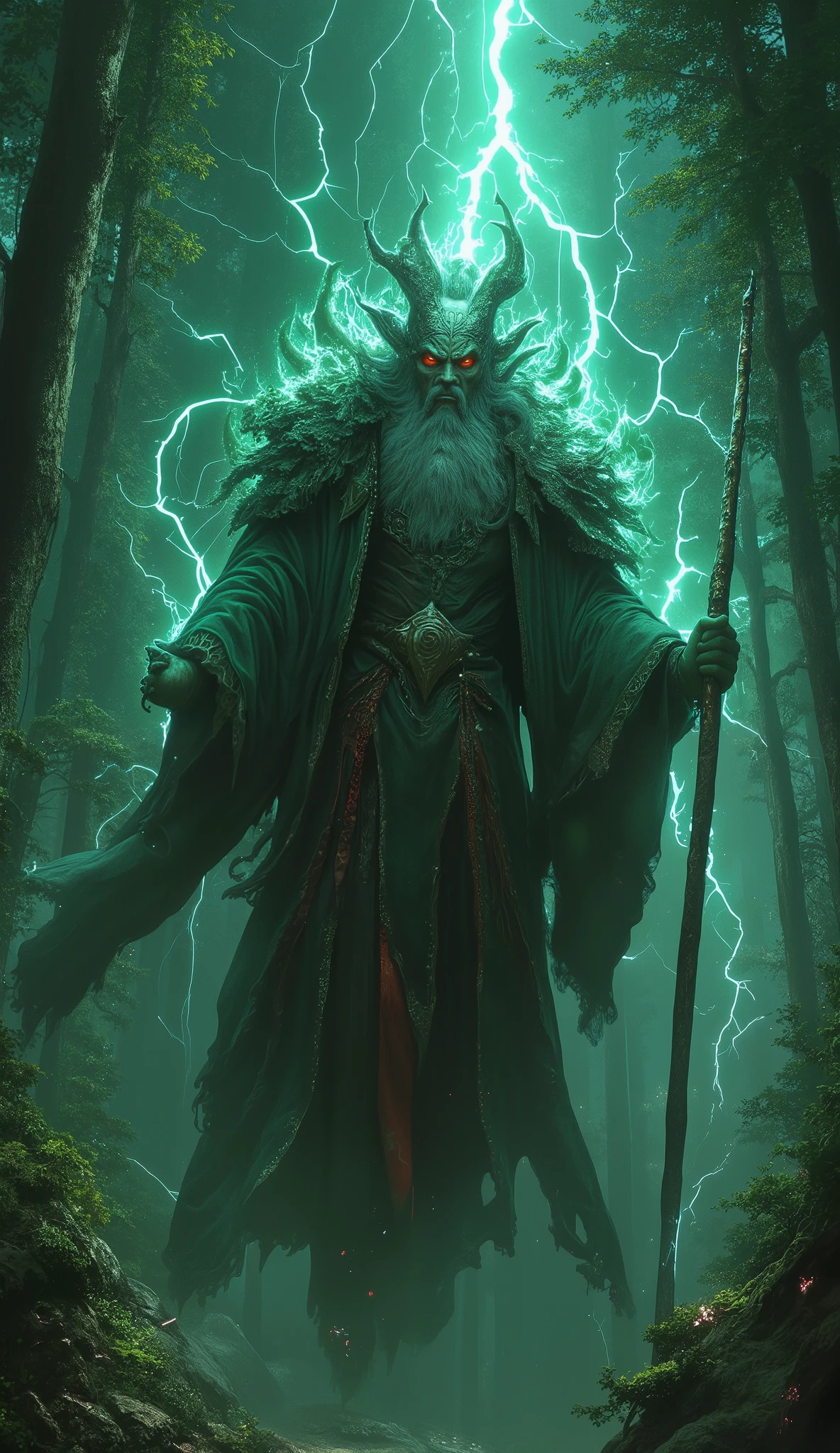 (8k,  top quality ,  masterpiece ,   Final fantasy style : 1.2), Proximity Method, 8k,  very well detailed,  accurate,  top quality,  masterpiece, Forest Spirit, Guardian of the Forest、Raijin Ramu、Wear lightning all over your body、lightning、It is enshrined in a deep forest temple、A huge old man with a long beard、Big walking stick、 sharp eyesight、 red eyes、 expression of anger、Long Robe, Floating in the air and standing still、 Magic Rim