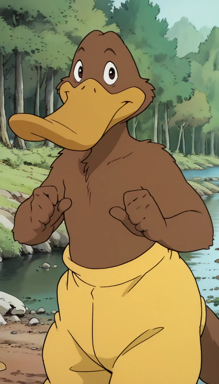 (score_8, score_8_up, score_7_up, Flapbbil, semi-anthro, male, Platypus), (extremely detailed CG unit 8k wallpaper),(master part), (best quality), (ultra detail), (best illustration),(ghibli_style), cowboy shot, close up, standing, facing viewer, looking at viewer, perfect face, perfect eyes, perfect fingers, (Sharp eyeliner, ombre, detailed eyes:1), traditional media, ghibli landscapes, outside, forest, river, break , upper body, solo, smile, (brown fur, duck-billed, yellow pants)