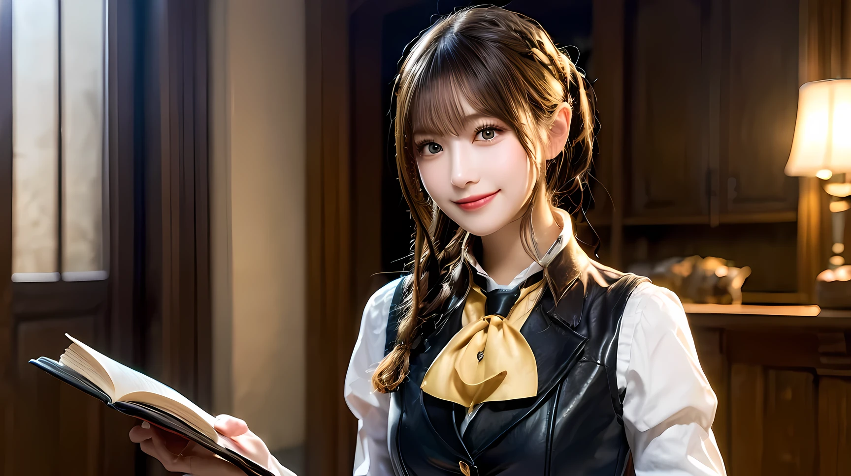 ((Best quality, 8k, Masterpiece: 1.3)), A cheerful and adventurous female receptionist from a fantasy hunting guild, inspired by the 'Monster Hunter' series. She has a warm smile and bright, expressive eyes. She wears a detailed, fantasy-style uniform with leather straps, a high-collared vest, and a stylish scarf. Her outfit includes intricate embroidery, pouches, and a book for recording hunting quests. Her hair is neatly tied with a decorative hairpiece, complementing her energetic and helpful personality. The background features a lively guild hall filled with wooden furniture, maps, and hunting trophies, creating an immersive fantasy setting. The lighting is warm and inviting, emphasizing her friendly and enthusiastic demeanor