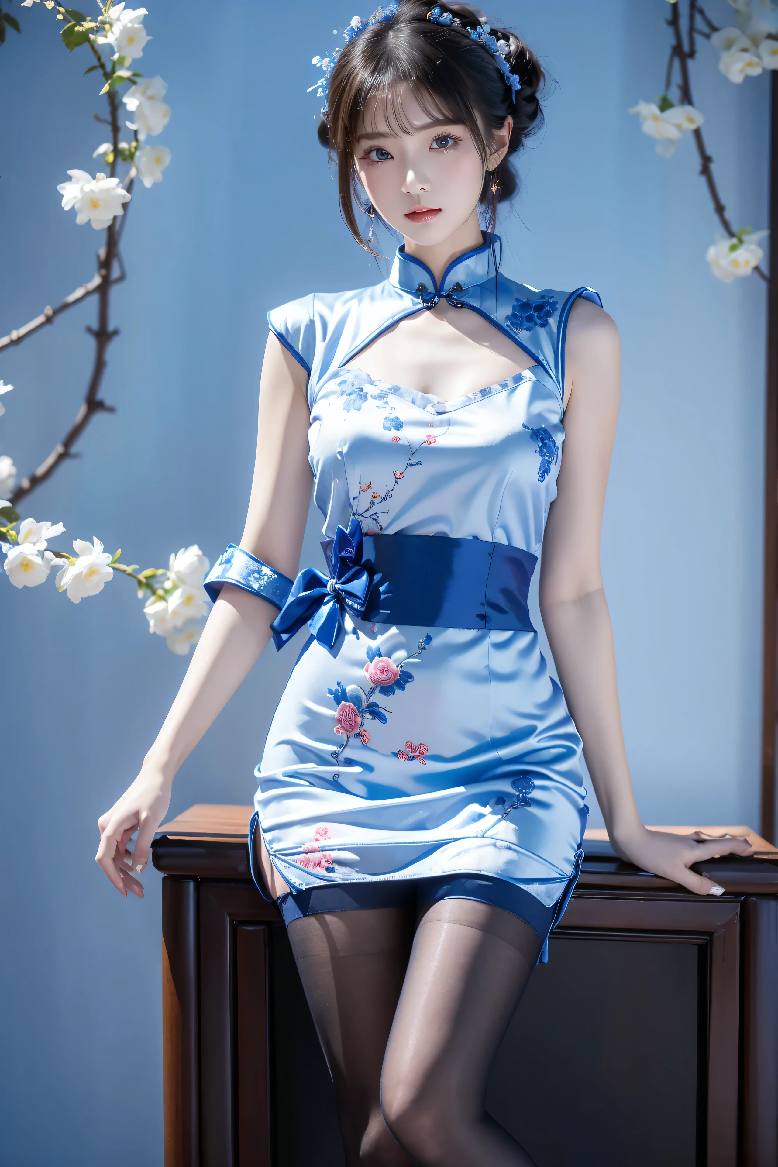 Cheongsam, 1 girl, blue bow, blue eyes, blue flowers, blue ribbon, blue rose, chest, Chinese clothing, Chinese clothing, dress, flower, gradient, gradient background, embroidered ball flower, looking at the audience, small chest, pantyhose, rose, single, thigh pantyhose, Chinese paper fan with painting on it,