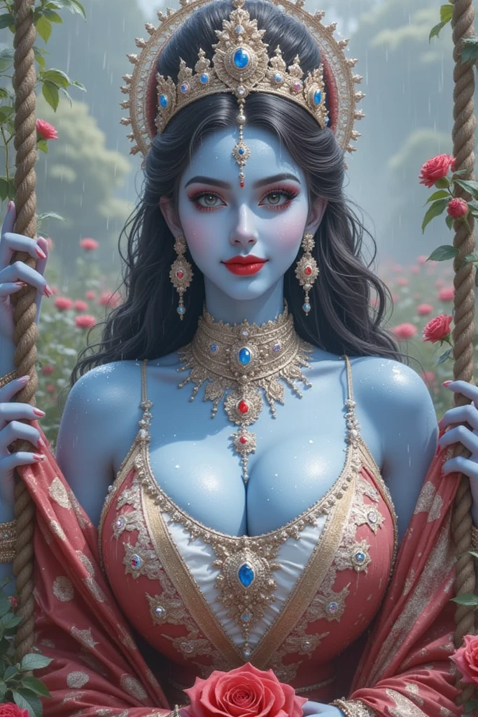 a young woman as goddess shiva, tight costume, lavishly decorated temple, sexy pose, blue skin, cameltoe