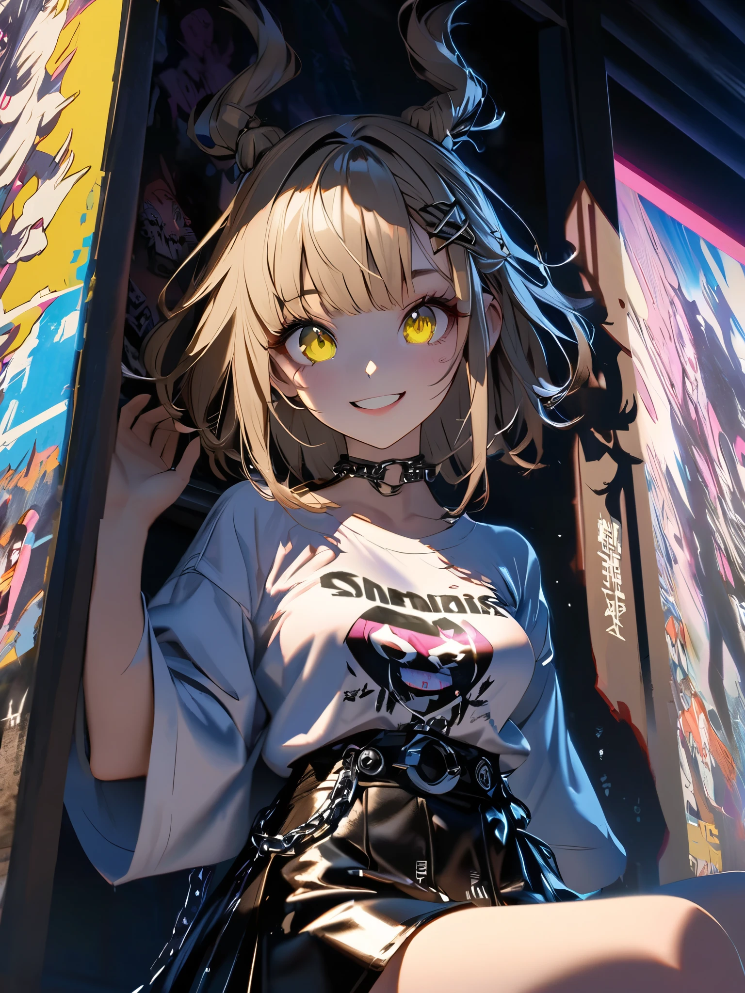 Top Quality, incredibly beautiful, Very delicate 8K wallpaper, Transcendently beautiful girl, olhando_To whom_the_side, tongue_out, (A masterpiece face, The eyes of a masterpiece:1.5), (pixie cut:1.3), (blonde hair, short shaved sides, Very short back, Very short side, Under the cut, Side cut:1.3), (long eyelashes, red-lips), (deep skin, dark skin:1.5), soli_Legs, Choker, piercing, (Jacket with white fur:1.1), half undress, t shirt, jean shorts, flat_가슴, Huge_가슴, Wide_Lower back, (five fingers, 4 fingers and 1 thumb), sitting, Day, Indoors, Ruins, bloom,