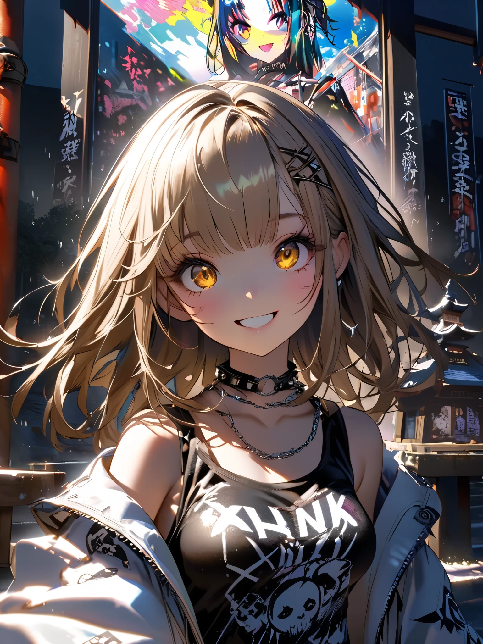 Anime girl with long hair and yellow eyes sitting on a bench - SeaArt AI