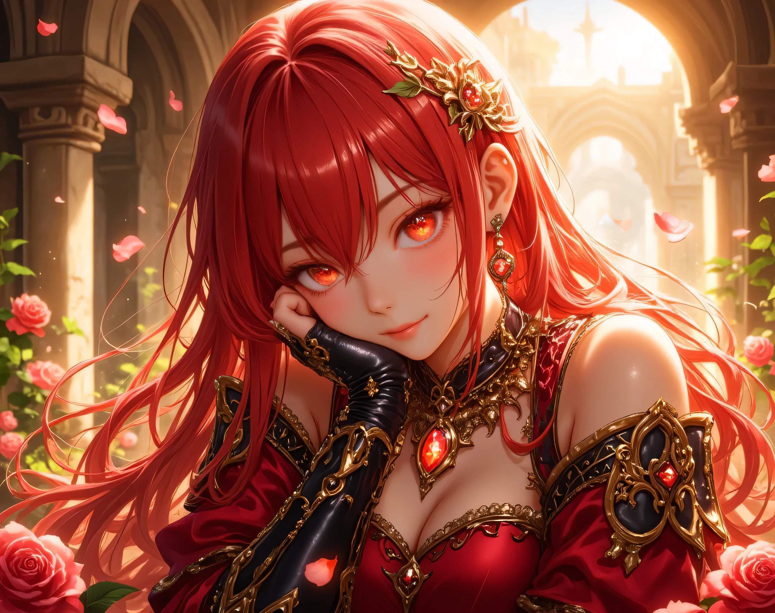 Masterpiece, Best Quality, A beautiful anime-style red-haired woman with flowing hair, dressed in an elegant fantasy-themed red and gold outfit. She wears intricate black and gold armored gloves and a matching necklace with a glowing red gem. She rests her head on her hand, gazing softly at the viewer with captivating eyes. Delicate rose petals float around her, adding to the romantic atmosphere. The background features sunlit stone columns and greenery, evoking a medieval or fantasy castle courtyard setting. The lighting is warm and golden, highlighting the softness of her expression and the richness of her outfit's details.