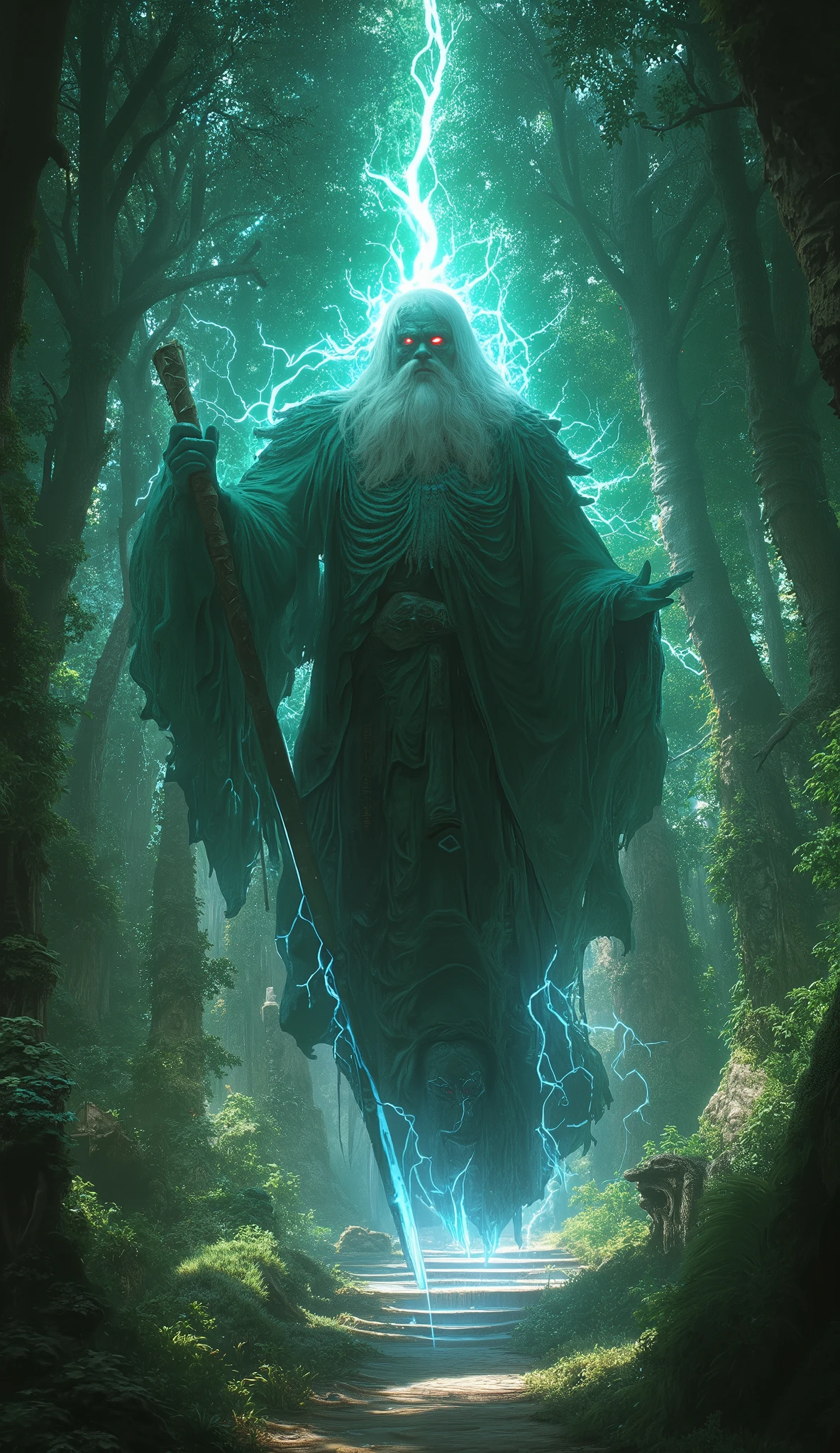 (8k,  top quality ,  masterpiece ,   Final fantasy style : 1.2), Proximity Method, 8k,  very well detailed,  accurate,  top quality,  masterpiece, Forest Spirit, Guardian of the Forest、Raijin Ramu、Wear lightning all over your body、lightning、It is enshrined in a deep forest temple、A huge old man with a long beard、Big walking stick、 sharp eyesight、 red eyes、 expression of anger、Long Robe, Floating in the air and standing still、 Magic Rim
