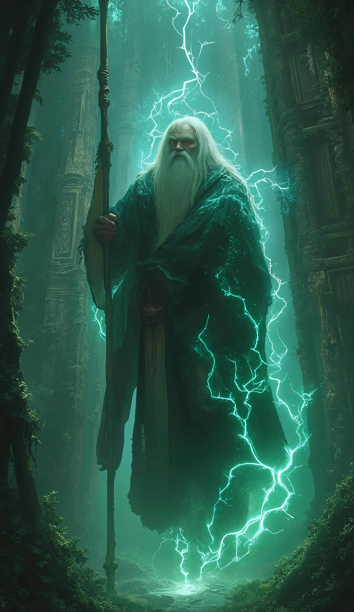 (8k,  top quality ,  masterpiece ,   Final fantasy style : 1.2), Proximity Method, 8k,  very well detailed,  accurate,  top quality,  masterpiece, Forest Spirit, Guardian of the Forest、Raijin Ramu、Wear lightning all over your body、lightning、It is enshrined in a deep forest temple、A huge old man with a long beard、Big walking stick、 sharp eyesight、 red eyes、 expression of anger、Long Robe, Floating in the air and standing still、 Magic Rim