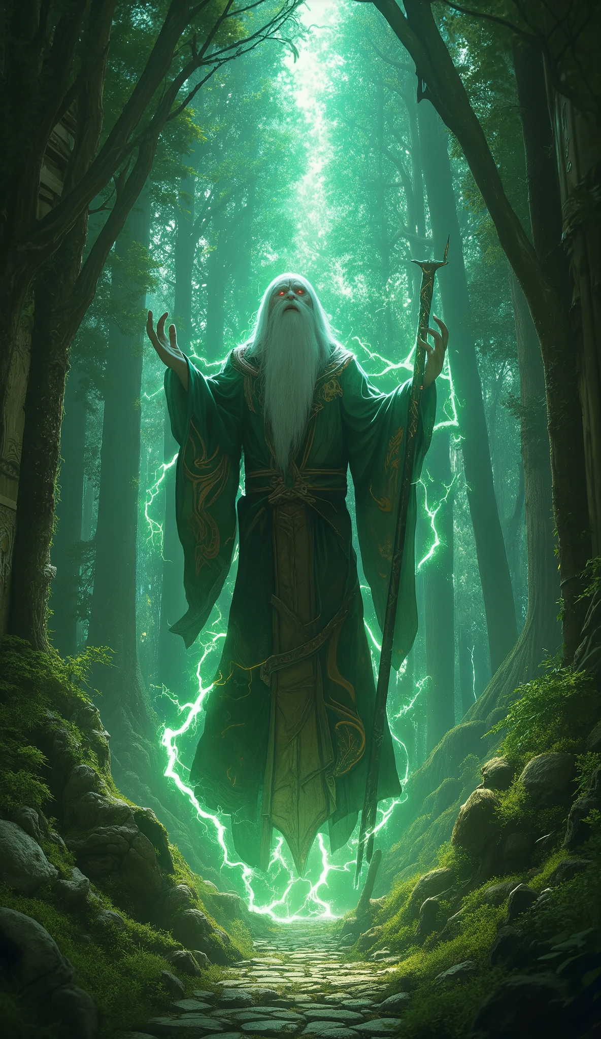 (8k,  top quality ,  masterpiece ,   Final fantasy style : 1.2), Proximity Method, 8k,  very well detailed,  accurate,  top quality,  masterpiece, Forest Spirit, Guardian of the Forest、Raijin Ramu、Wear lightning all over your body、lightning、It is enshrined in a deep forest temple、A huge old man with a long beard、Big walking stick、 sharp eyesight、 red eyes、 expression of anger、Long Robe, Floating in the air and standing still、 Magic Rim