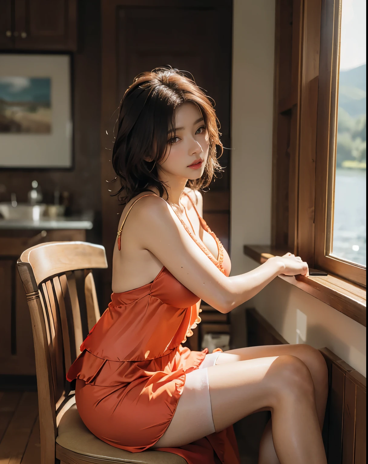 Captivating Eyes, ( Around the lake), The whole body to the toes, ((fully opened eyes)), 25 year old woman with big breasts , woman sits on a chair with her butt sticking out, beautiful calves , Nipple reflection , ((Free and graceful hand position)), Pink sheer nightgown , (( top quality, 8k, Masterpiece: 1.3)), beautiful mature: 1.4, well-trained abs , (( layered cut : 1.2)), wet body: 1.5, high-definition facial and skin textures , bright gold hair, Fascinating Brown Eyes , medium hair , Black Stockings, Underboob