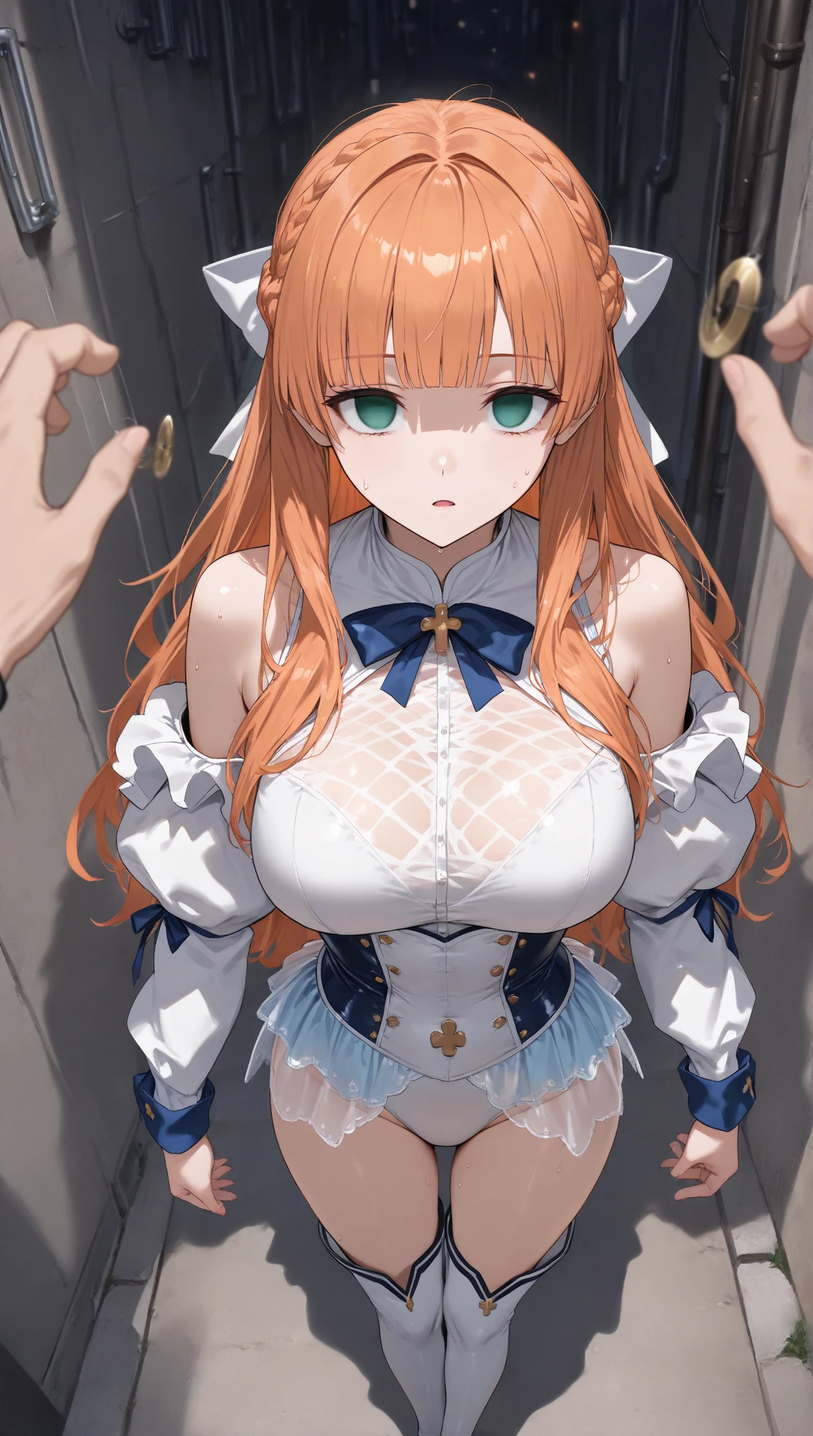 high quality、high resolution、High Depiction、Inside the inn、(One Woman、Man standing behind woman)、(Wearing armor、tiara)、Standing back and having sex)、Mole around the eye、Are fat(1.6)、Wet(1.4)、Drooping eyes(1.9)、Blue eyes、Saggy breasts(1.9),Big Breasts(1.9)、Long Breasts(1.9)、Breasts are shaking violently up and down、(Orange Hair)(Straight Hair、long hair、slippery head、Wetた Hair、Silky Hair)(With a smug look on his face and his mouth wide open)、(((Top view))) (((One Black Man)))、(Big penis in pussy)、(男は女の後ろからStanding back and having sex)