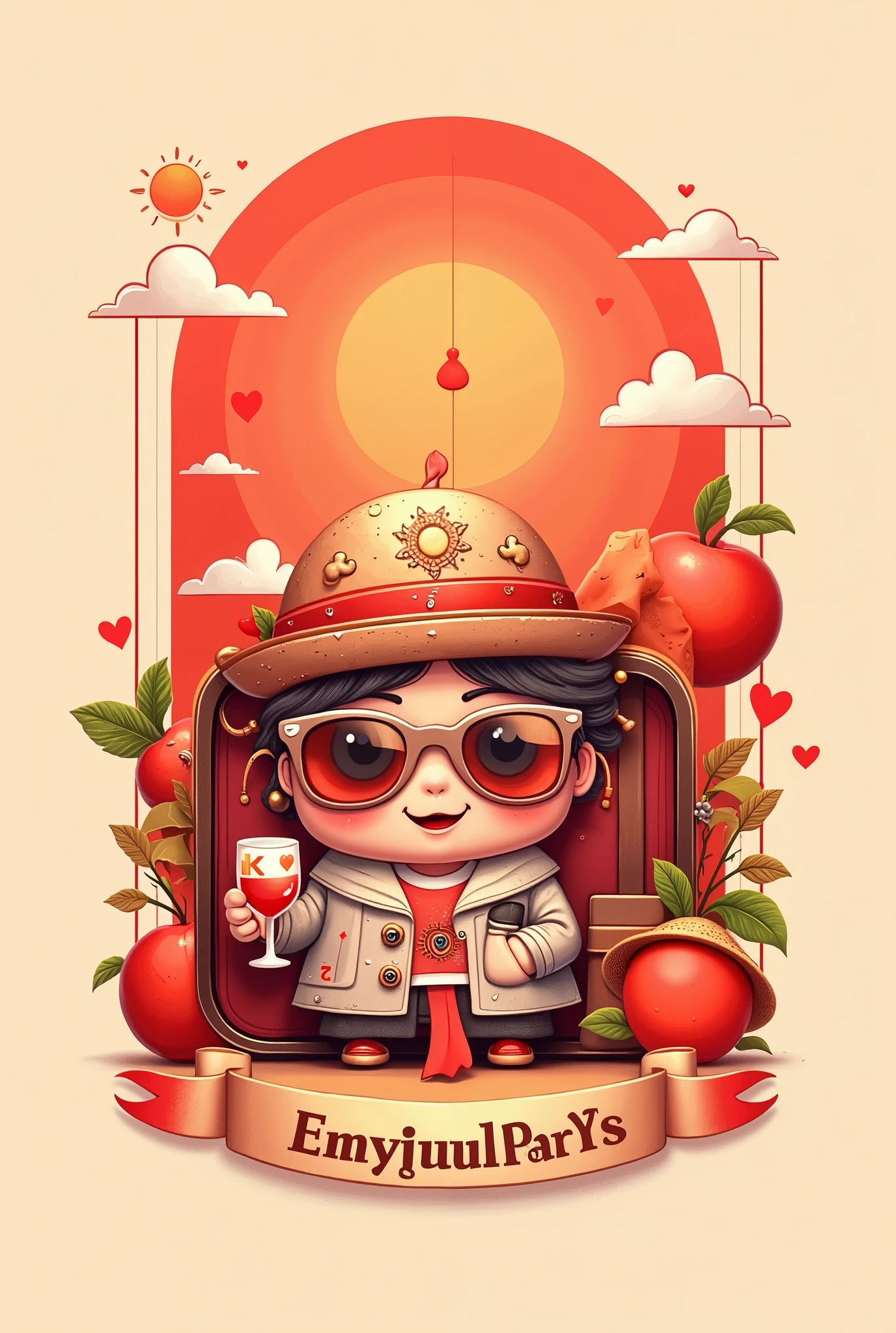 by Daniel Arsham,Design a unique logo,(Abstract Chinese Grandma and Grandpa ),(An unusually large suitcase in the shape of an anthropomorphic flying playing card:1.7), red peach a,k, happy walking , simple ,Gradient red,China Senior Travel Group,(Chinese grandma and grandpa wear sunglasses with cartoon sun faces and poker cards hidden in the reflective part of the lens「♠」symbol ,Three playing cards form a sun hat ,The cards are A、k、q, and stick figure wine glass , surround elements , sunlight transformed into the outline of a travel bus , Straw hat with three playing cards {x} The bottom streamer shows a laughing mouth , curved slogan ,illustration,3d,Pixar,