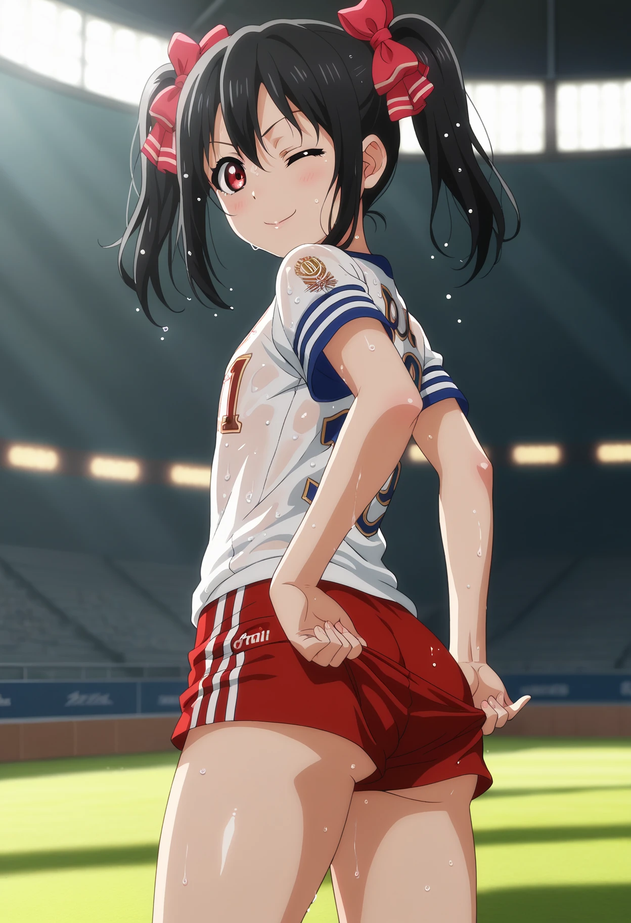 ((chibi, large head,)), dark skin, short hair, spiky hair, black hair, ((loose socks, female gym uniform, red sneakers, long sleeves shirt, latex shorts, red buruma, white shirt, cameltoe)), standing, (((peeing self, wetting self, dark pee stains, puddle))), (blushing, crying, embarrassed expression, open mouth, screaming), full body, closed eyes, track and field background, ((crowded grandstand, audience cheering)),(1girl, solo, female focus), hands on head, oily skin, shiny skin