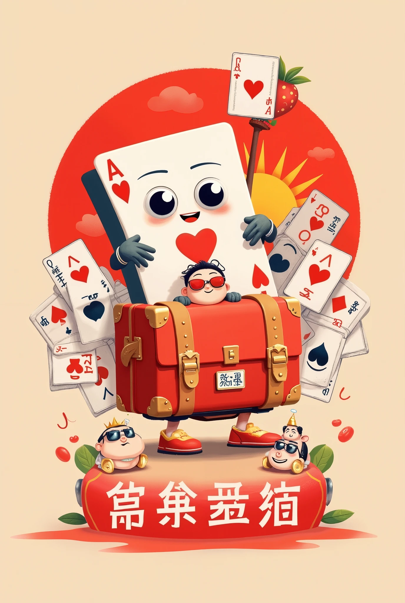 by Daniel Arsham，Design a unique logo,(An unusually large suitcase in the shape of an anthropomorphic flying playing card:1.7)， red peach a,k, happy walking ，(Chinese grandma and grandpa wear sunglasses with cartoon sun faces and poker cards hidden in the reflective part of the lens「♠」symbol ，( many playing cards make up a sunshade straw hat ：1.10），The cards are A、k、q， and stick figure wine glass ， surround elements ，Sun light , tour bus ， Straw hat with three playing cards {x} The bottom streamer shows a laughing mouth ， curved slogan ，illustration，3d，Pixar，
， simple ，Gradient red，China Senior Travel Group