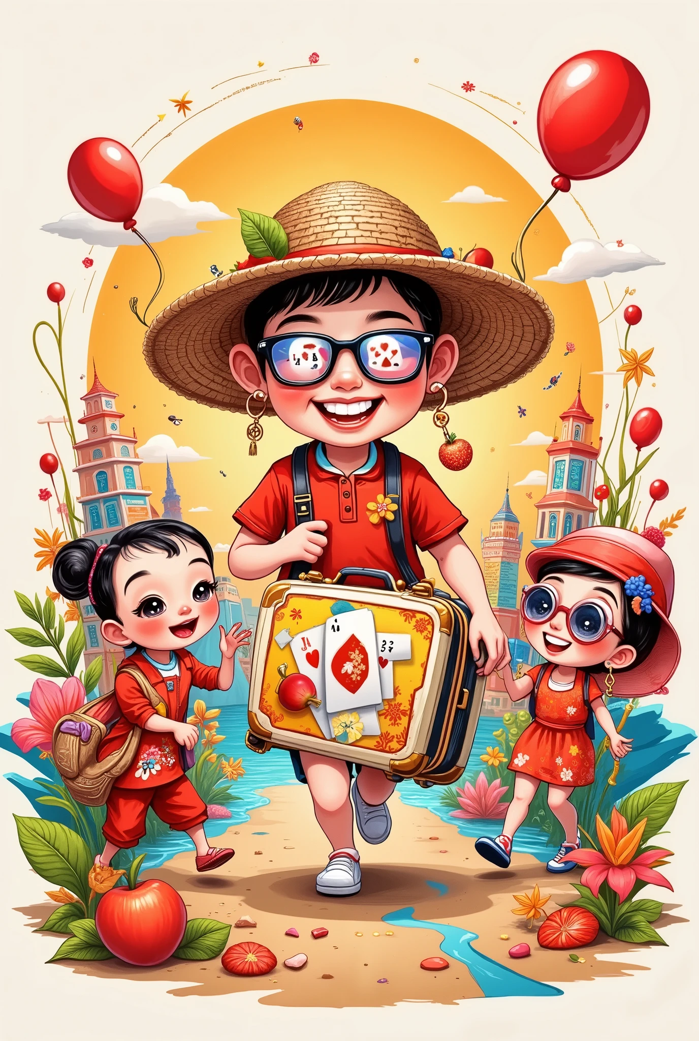 in style of Hip Hop fashion design , Design a unique logo,(An unusually large suitcase in the shape of an anthropomorphic flying playing card:1.7), red peach a,k, happy walking ,(Chinese grandma and grandpa wear sunglasses with cartoon sun faces and poker cards hidden in the reflective part of the lens「♠」symbol ,( many playing cards make up a sunshade straw hat :1.10),The cards are A、k、q, and stick figure wine glass , surround elements ,Sun light , tour bus , Straw hat with three playing cards {x} The bottom streamer shows a laughing mouth , curved slogan ,illustration,3d,Pixar, , simple ,Gradient red,China Senior Travel Group,roboto character