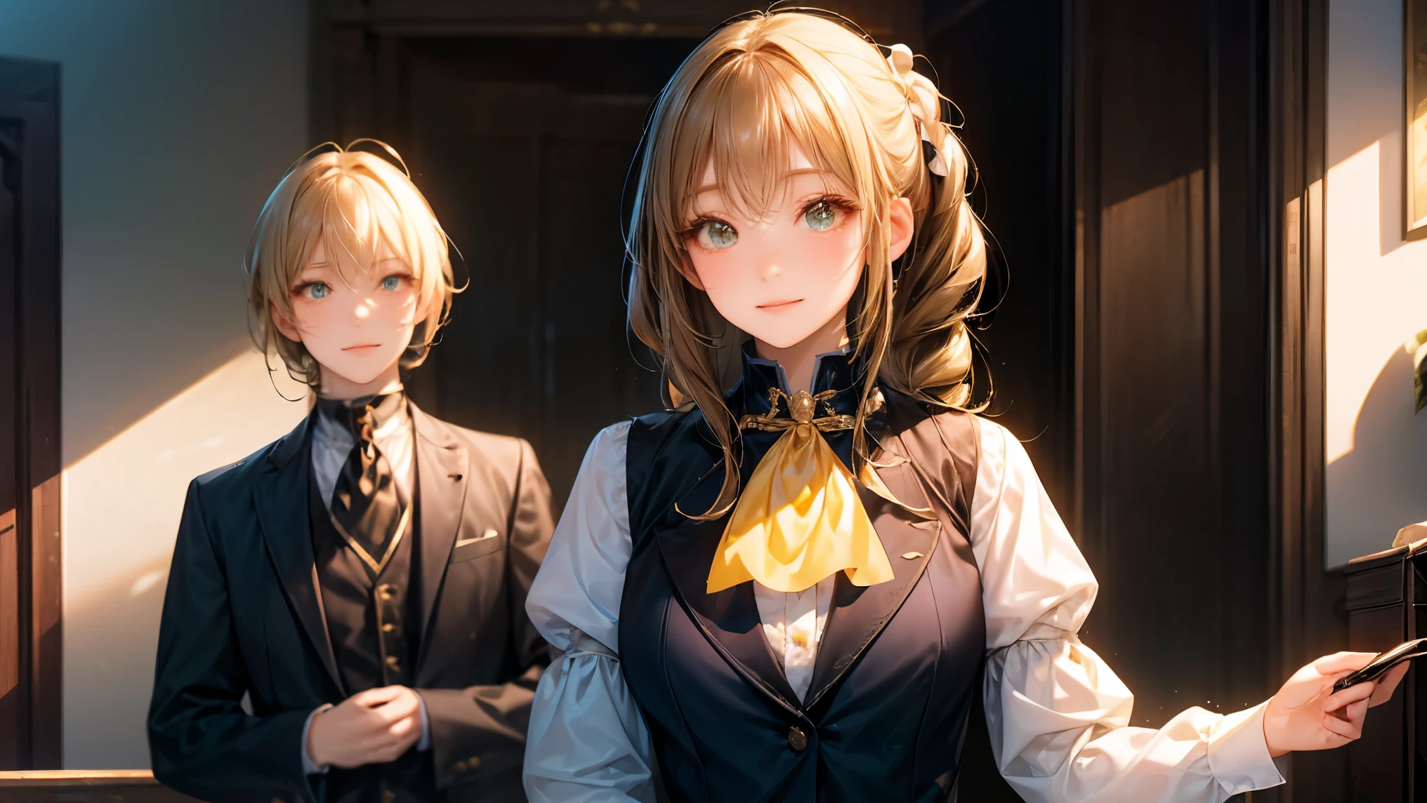 ((Best quality, 8k, Masterpiece: 1.3)), A cheerful and adventurous female receptionist from a fantasy hunting guild, inspired by the 'Monster Hunter' series. She has a warm smile and bright, expressive eyes. She wears a detailed, fantasy-style uniform with leather straps, a high-collared vest, and a stylish scarf. Her outfit includes intricate embroidery, pouches, and a book for recording hunting quests. Her hair is neatly tied with a decorative hairpiece, complementing her energetic and helpful personality. The background features a lively guild hall filled with wooden furniture, maps, and hunting trophies, creating an immersive fantasy setting. The lighting is warm and inviting, emphasizing her friendly and enthusiastic demeanor