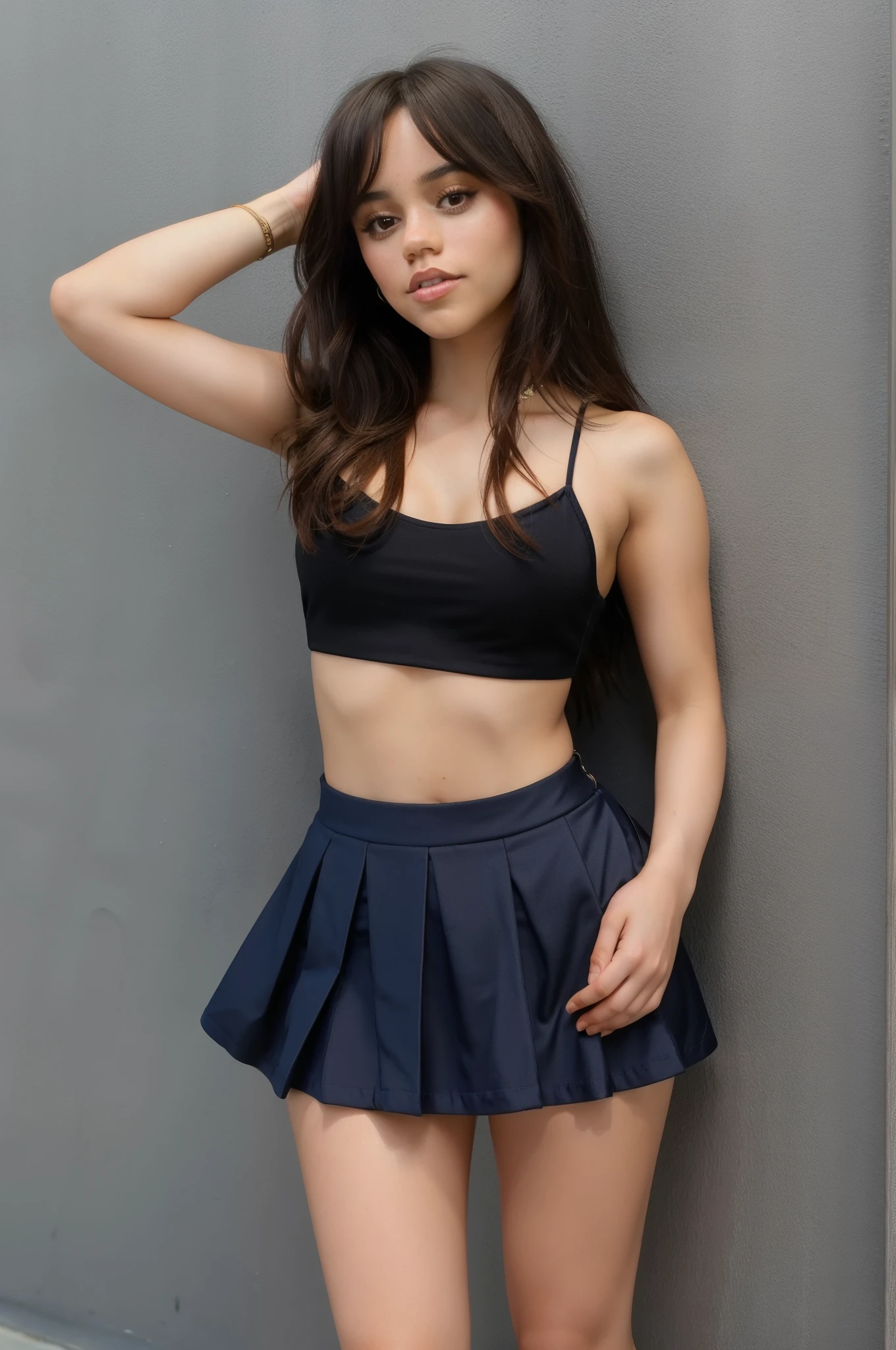 Jenna_ Ortega wearing bikini top , long hair,
full body, solid background wall ,
nsfw, mini skirt ,perfect slim body,full body pic,sexy slim body,thin slim body,hands behind head big boobd