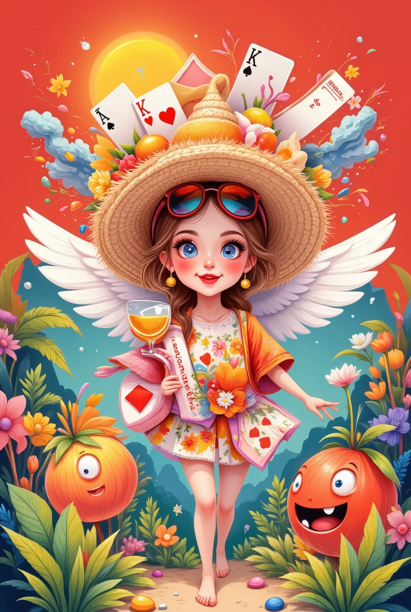 in style of Hip Hop fashion design ,The roboto character designs a unique logo ,(An unusually large suitcase in the shape of an anthropomorphic flying playing card:1.7), red peach a,k, happy walking ,, a cartoon sun face wearing sunglasses, conceals poker in the reflective part of the lens「♠」symbol ,( many playing cards make up a sunshade straw hat :1.10),The cards are A、k、q, Stick figure of a stick figure raising a glass and touching a wine glass , surround elements ,Sun light , tour bus , Straw hat with three playing cards {x} The bottom streamer shows a laughing mouth , curved slogan ,illustration,3d,Pixar, simple ,Gradient red,China Senior Travel Group,