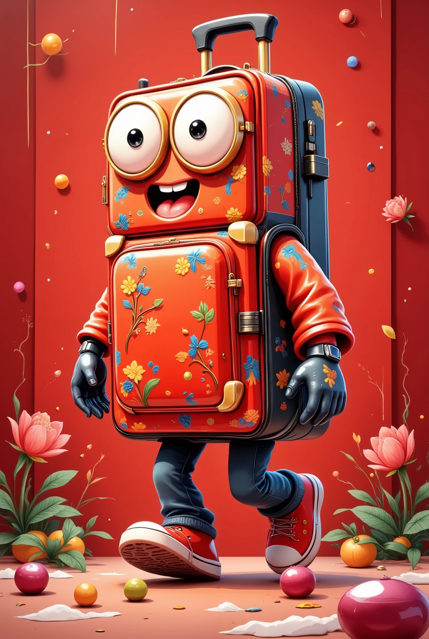 in style of Hip Hop fashion design , Design a unique logo,(An unusually large suitcase in the shape of an anthropomorphic flying playing card:1.7), red peach a,k, happy walking ,Chinese red , cloisonne
