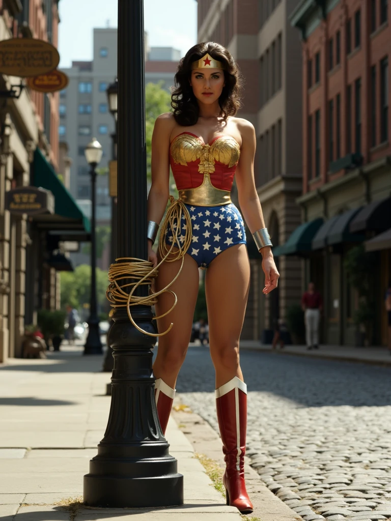 Masterpiece, Best quality, (Solo), (1girl), (epiCRealLife:1.0), (large breast), (cleave), (European model),, (g4lg4d0t-v2 Gal Gadot). (lynda-carter-ww-costume), (black hair), (blue eyes), (earring), (demure), (bodysuit),, (Wonderwoman768 tiara), ((armored bands), (red lipstick), , (spotlight), (daytime), (daytlight), (natural light), (bright), (on New York Street), (photoshoot),