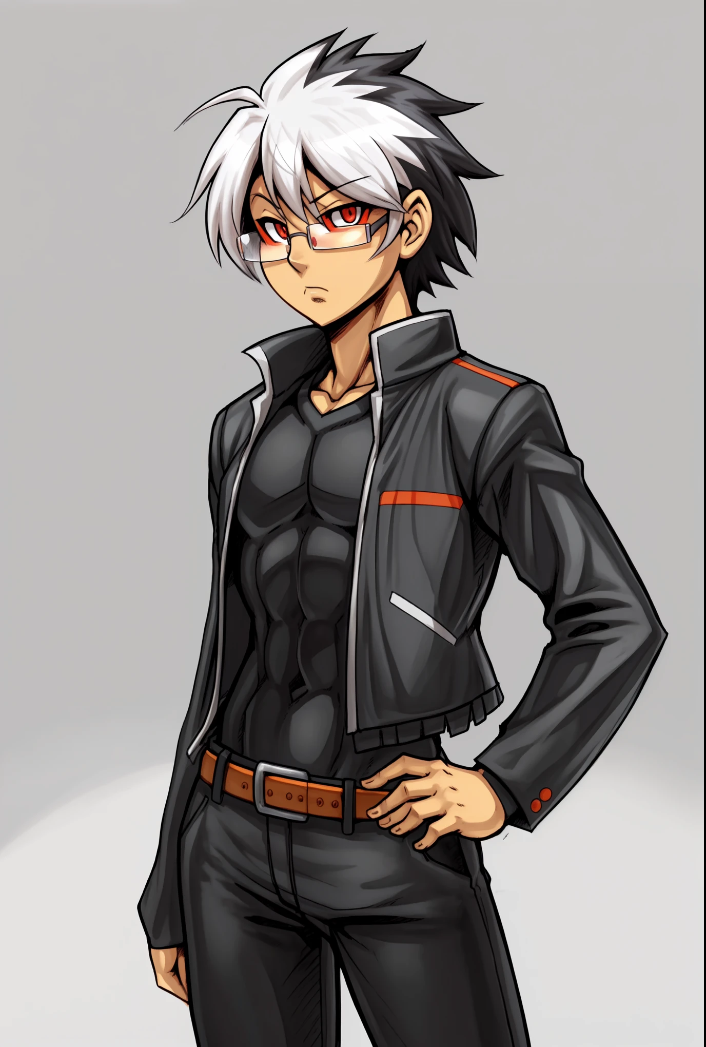 Capcom SNK Style, (adult, sketch-ish, 2d, absurdres, best quality, uploaded on e621), (by uc77:1.1), (by zeekzag:1.35), (by sssonic2:1.1), by skidd, by john joseco, by kadath, by bigdad, [by shonuff, by scappo], ((white background, no background:1.4)), (waist portrait, manga styled, manga styled eyes, studio trigger anime style:1.2), (glasses), (red eyes), (human, male, caucasian), young adult, solo, (bored introverted expression, curious), (grey jacket with yellow shirt:1.2), (belt, black jeans), (spike side-parted fringe, black and white hair, two-tone hair, multi-colored hair:1.2), (really thin simple eyebrows:1.3), [straight hair:0.8], cybernetic mecha arm, fake anime screencap