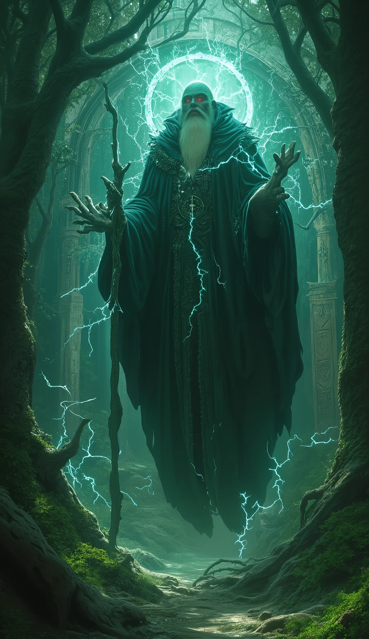 (8k,  top quality ,  masterpiece ,   Final fantasy style : 1.2), Proximity Method, 8k,  very well detailed,  accurate,  top quality,  masterpiece, Forest Spirit, Guardian of the Forest、Raijin Ramu、Wear lightning all over your body、lightning、It is enshrined in a deep forest temple、A huge old man with a long beard、Big walking stick、 sharp eyesight、 red eyes、 expression of anger、Long Robe, Floating in the air and standing still、 Magic Rim