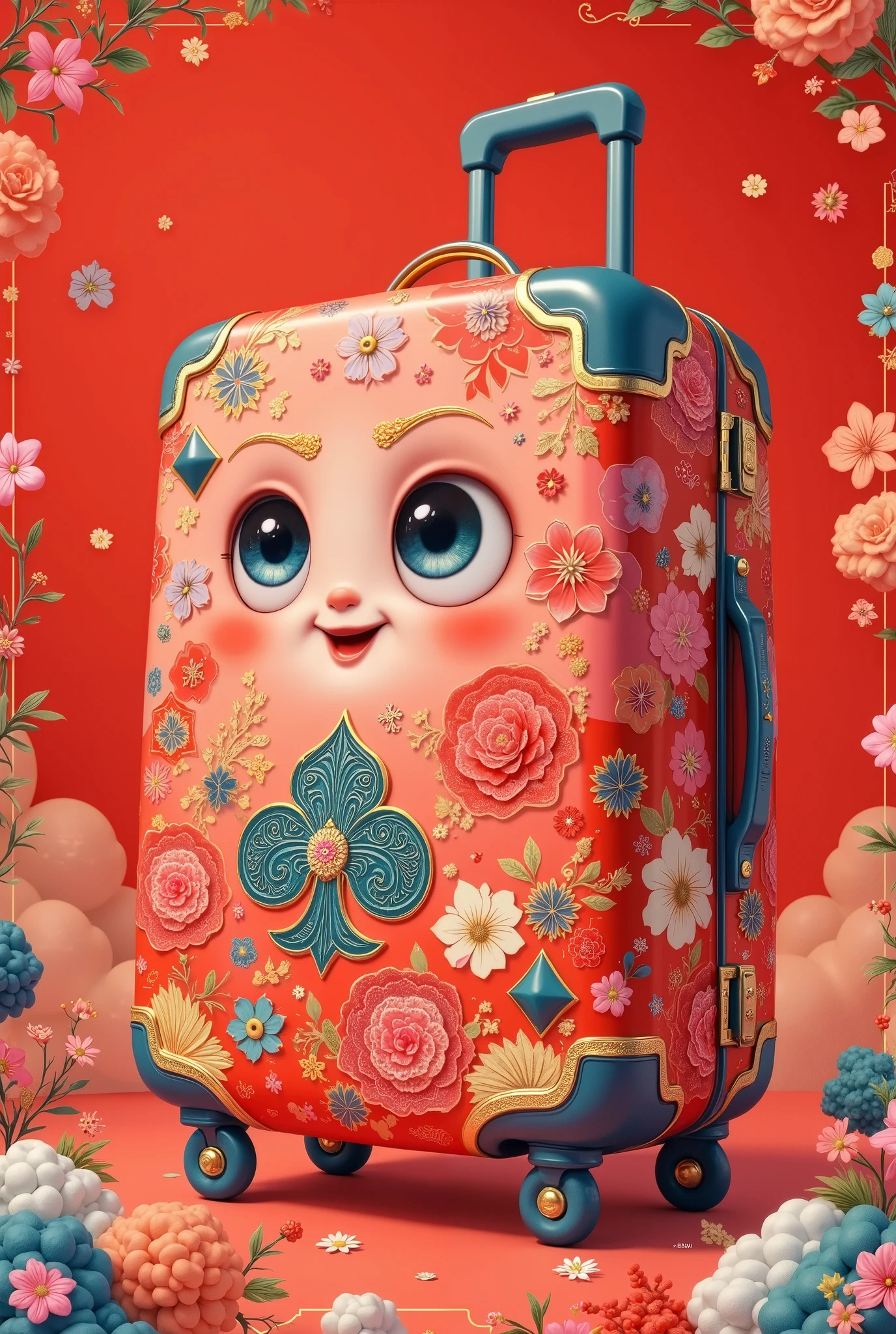 in style of Hip Hop fashion design , Design a unique logo,(An unusually large suitcase in the shape of an anthropomorphic flying playing card:1.7), red peach a,k, happy walking ,China Senior Travel Group,,Chinese red , cloisonne