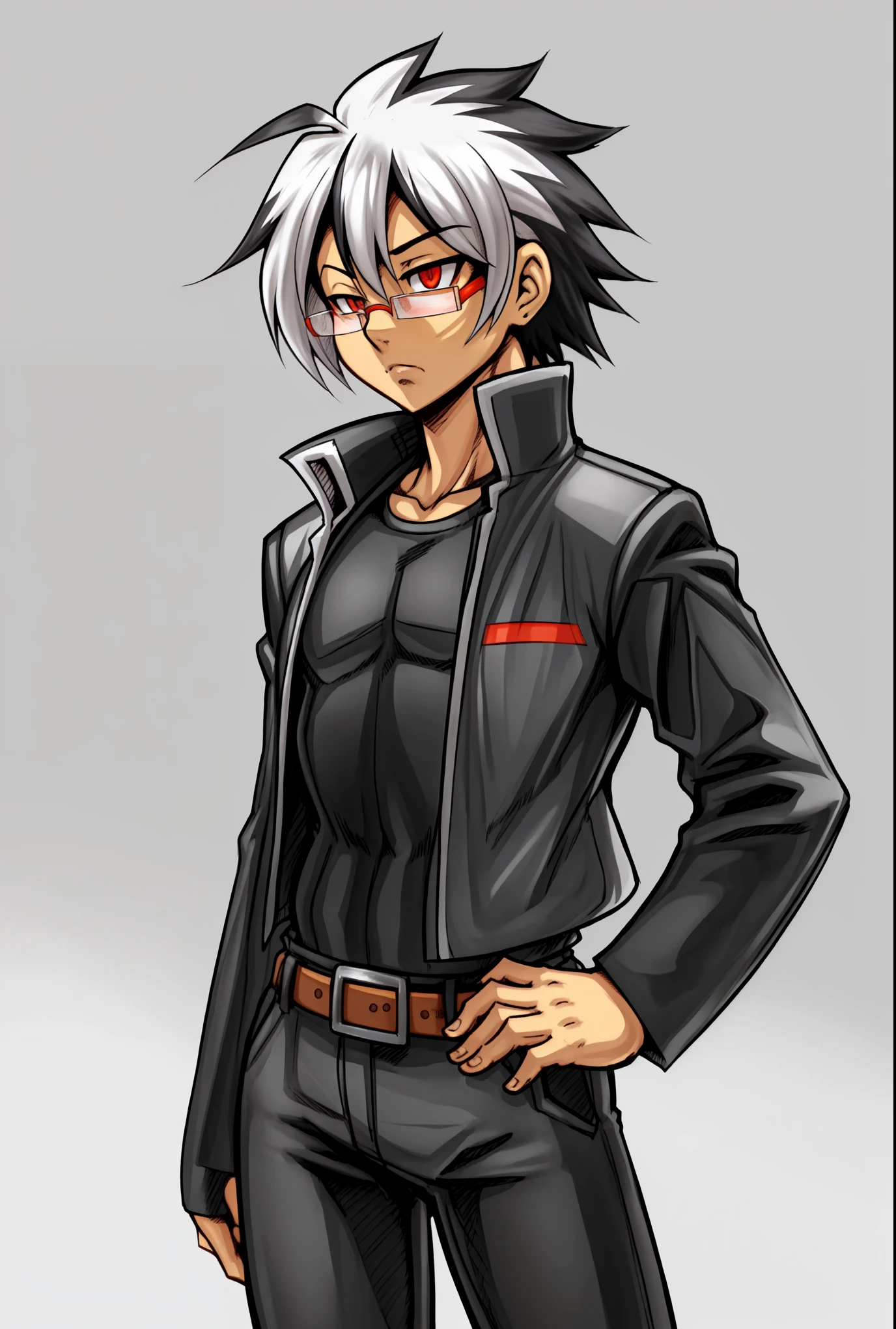 Capcom SNK Style, (adult, sketch-ish, 2d, absurdres, best quality, uploaded on e621), (by uc77:1.1), (by zeekzag:1.35), (by sssonic2:1.1), by skidd, by john joseco, by kadath, by bigdad, [by shonuff, by scappo], ((white background, no background:1.4)), (waist portrait, manga styled, manga styled eyes, studio trigger anime style:1.2), (glasses), (red eyes), (human, male, caucasian), young adult, solo, (bored introverted expression, curious), (grey jacket with yellow shirt:1.2), (belt, black jeans), (spike side-parted fringe, black and white hair, two-tone hair, multi-colored hair:1.2), (really thin simple eyebrows:1.3), [straight hair:0.8], cybernetic mecha arm, fake anime screencap