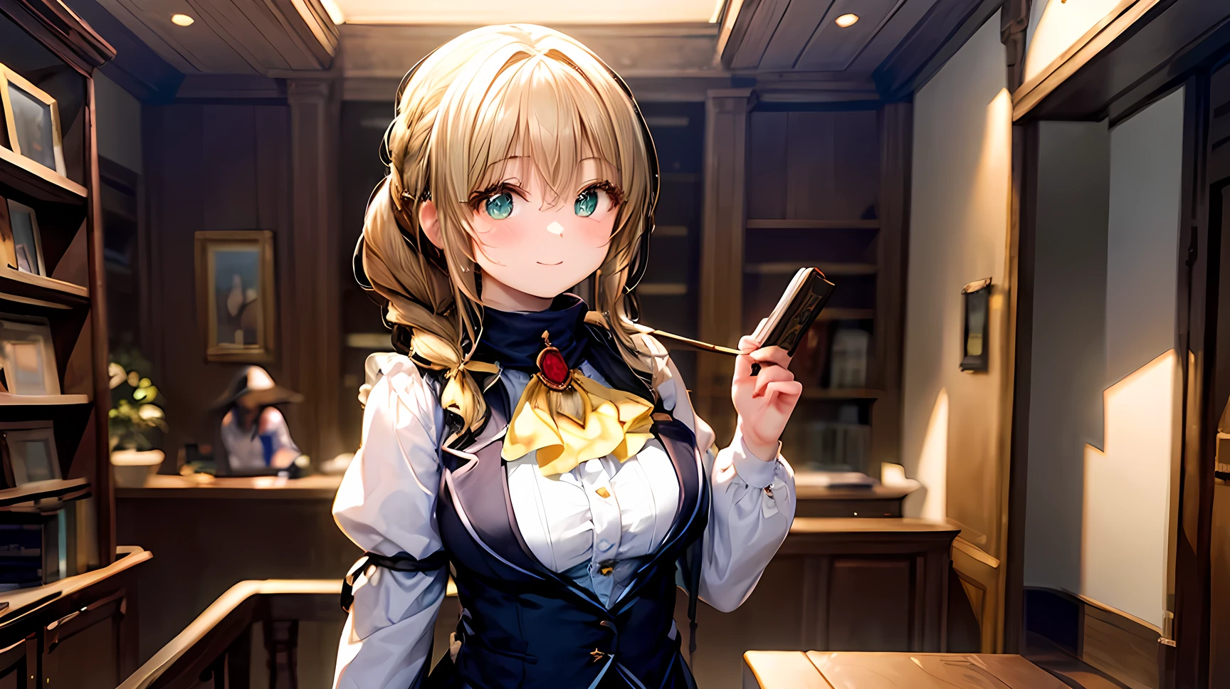 ((Best quality, 8k, Masterpiece: 1.3)), A cheerful and adventurous female receptionist from a fantasy hunting guild, inspired by the 'Monster Hunter' series. She has a warm smile and bright, expressive eyes. She wears a detailed, fantasy-style uniform with leather straps, a high-collared vest, and a stylish scarf. Her outfit includes intricate embroidery, pouches, and a book for recording hunting quests. Her hair is neatly tied with a decorative hairpiece, complementing her energetic and helpful personality. The background features a lively guild hall filled with wooden furniture, maps, and hunting trophies, creating an immersive fantasy setting. The lighting is warm and inviting, emphasizing her friendly and enthusiastic demeanor
