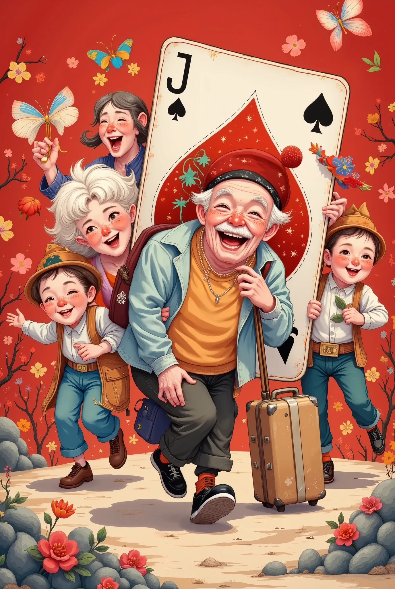 in style of Hip Hop fashion design , Design a unique logo,(An unusually large suitcase in the shape of an anthropomorphic flying playing card:1.7),Chinese Grandpa and Grandma , Senior Tour Group Red Peach A,k, happy walking ,Chinese red , cloisonne