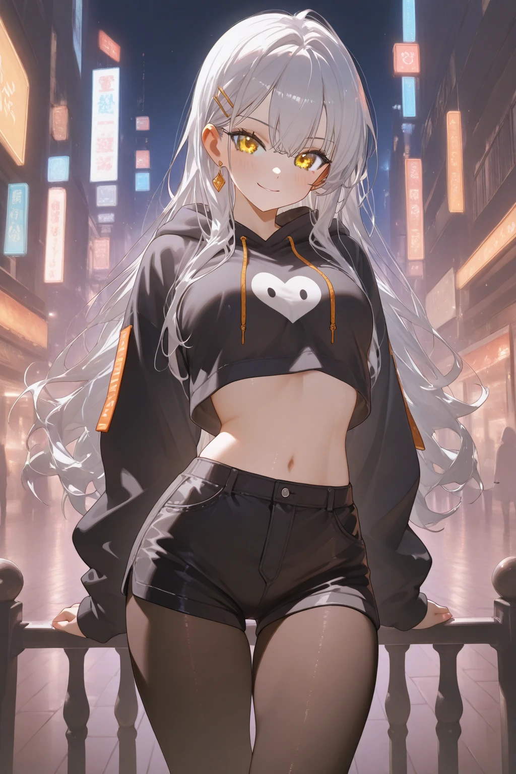 masterpiece, best quality, highres, aahachi, long hair, hair ornament, bandaid on nose, crop top, black shirt, off shoulder, tattoo, (multicolored jacket:1.1), open jacket, long sleeves, midriff, belt, (black shorts:1.1), black thighhighs, single thighhigh, <lora:hachi_v2:0.7>, squatting, grin, looking at viewer, city, night, cyberpunk,
