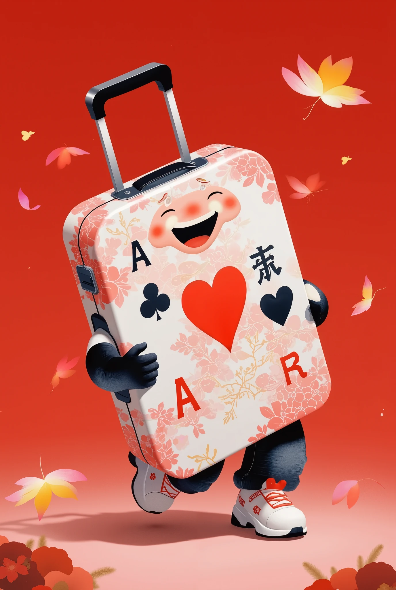 in style of Hip Hop fashion design , Design a unique logo,(An unusually large suitcase in the shape of an anthropomorphic flying playing card:1.7), red peach a,k, happy walking ,China Senior Travel Group,,Chinese red , cloisonne