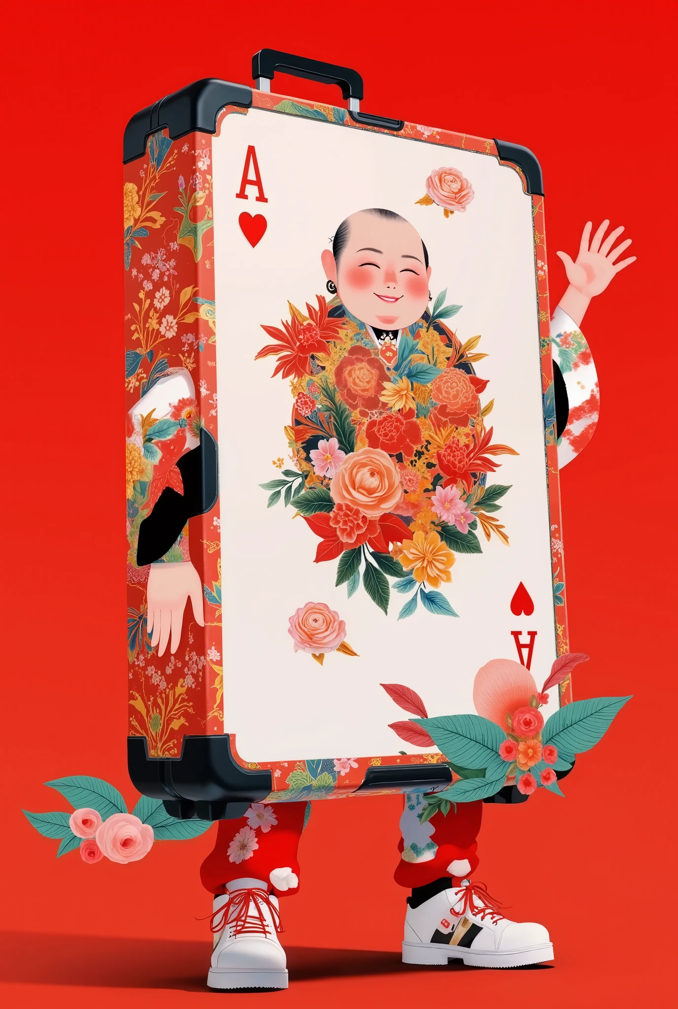 in style of Hip Hop fashion design , Design a unique logo,(An unusually large suitcase in the shape of an anthropomorphic flying playing card:1.7), red peach a,k, happy walking ,China Senior Travel Group,,Chinese red , cloisonne