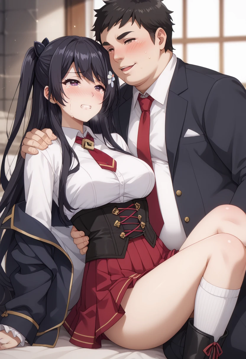 1girl, (2boys), three people, 1、 (nose blush, Naughty, half opened eye, ), [Full body shot]、Plenty of love juice、pale pubic hair、Full body shot,body piercings,Large open legs、Head-to-toe shots、Squirting、slightly turned to the side、hips move up and down、Chest sways up and down、Crying in pain、Swing your hips up and down violently、Ahegao、Lower your hips deeply、hips are on the floor、hanekawa tsubasa、her black hair is tied into two braids、eye glass、Colossal tits、Colossal 、Her body is tied with ropes、Chest pressure.、Tearing off the whites of the eyes and fainting、Keep your hands on your head、Standing on one leg、