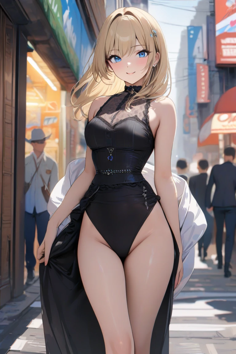 1fille, black skin, gyaru, cheveux long blond, yeux bleus, haut nue, back turned, big ass, string, school, Absurde, wink blushing, tire la langue High resolution, Ultra pointu, 8k, tmasterpiece, Regarder le spectateur