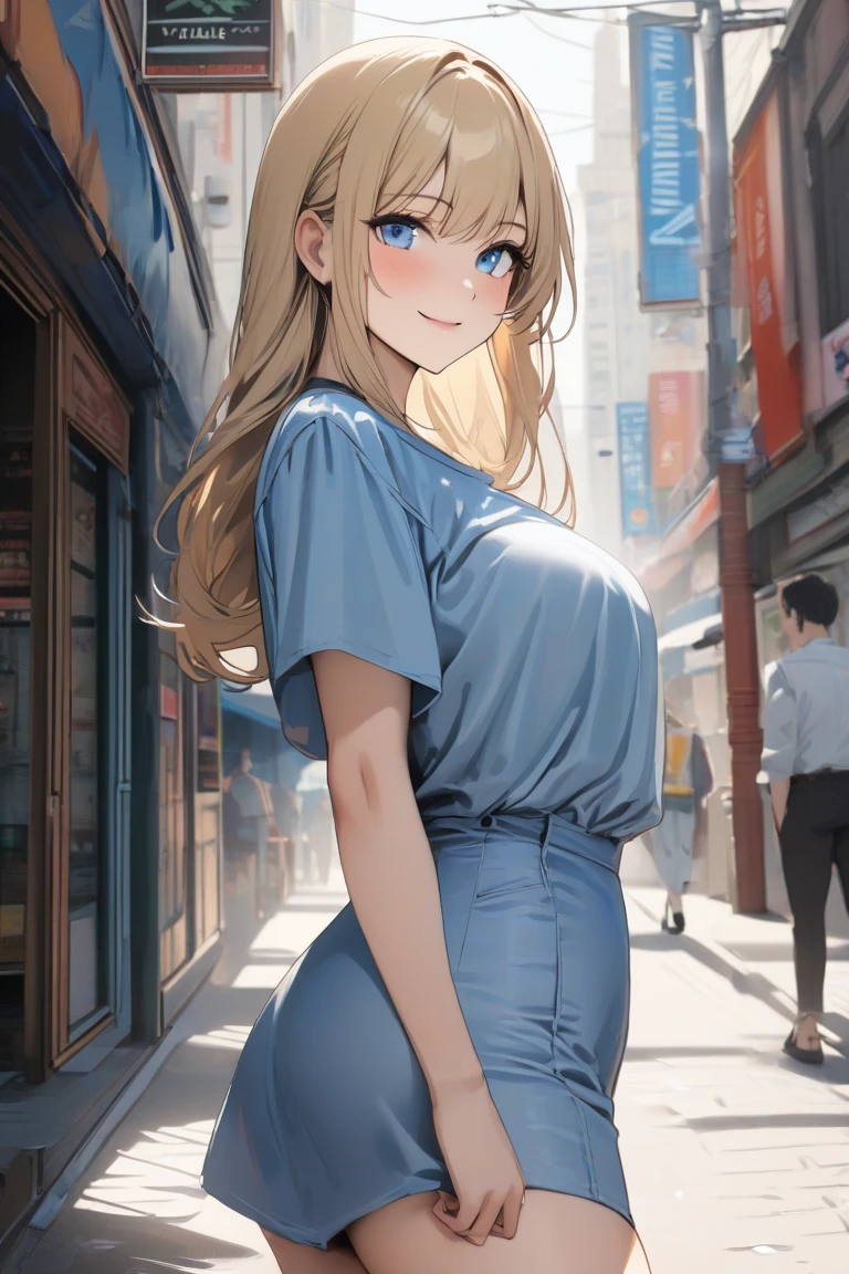 1girl, medium breast, brown yellow hair, korean hair bangs, long hair, blue eyes, casual outfit, perfect body, focus face, tokyo city, looking at the viewer, smile, add_detail:1