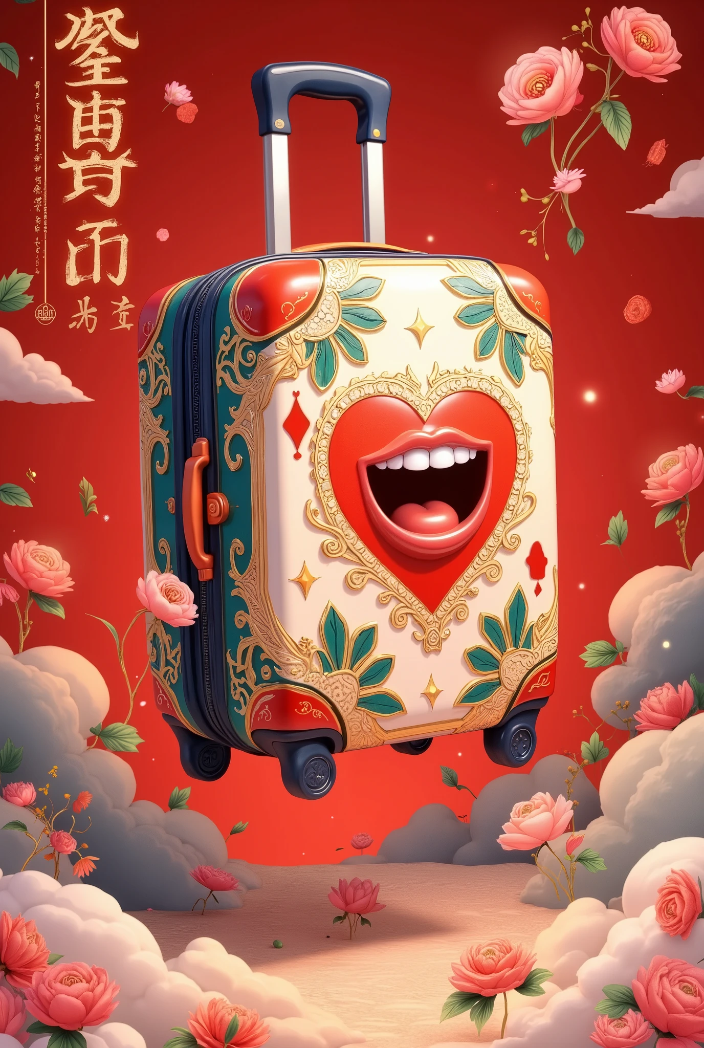 in style of Hip Hop fashion design , Design a unique logo,(An unusually large suitcase in the shape of an anthropomorphic flying playing card:1.7), red peach a,k, happy walking ,China Senior Travel Group,,Chinese red , cloisonne