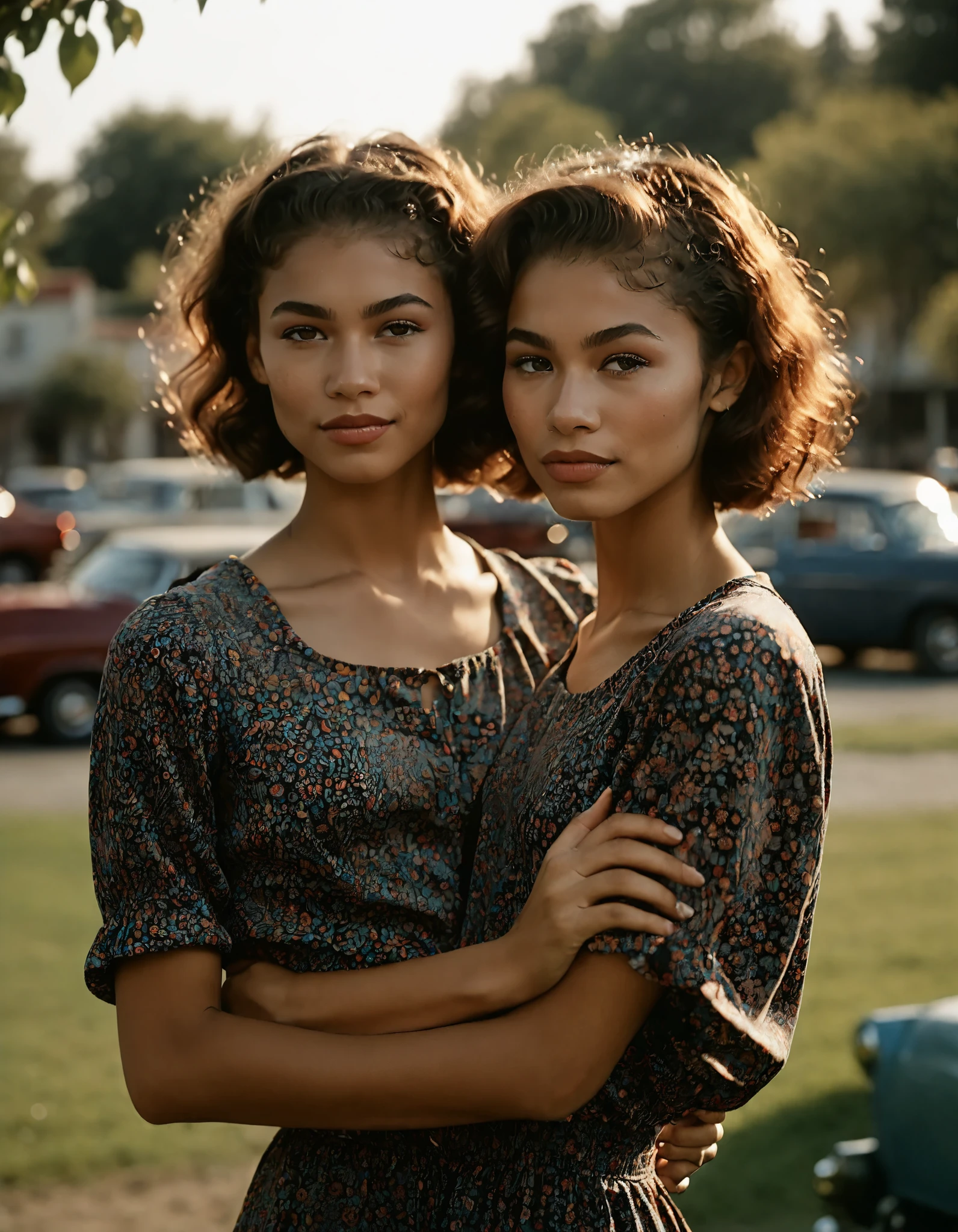 cinematic photo an exquisite portrait photograph, 85mm medium format photo of ((ohwx woman)) with a classic haircut . 35mm photograph, film, bokeh, professional, 4k, highly detailed, score_9, score_8_up, score_7_up, upper body, (two torsos:1.3), 2girls, arm around waist,