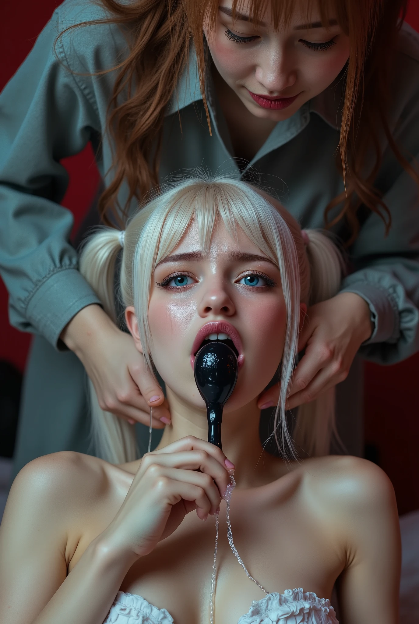 16k, masterpiece, realistic, ((Photorealistic realism)), Hyper high resolution, ((Hyper insanel quality, epic masterpiece, intricately detailed digital art)), ((focus on extremely Realistic Proportion Body:1.3),"Portrait of {a woman, wearing (a minimalist and provocative dress, sexy styling elaborate and extravagant), Angled view, A fit female pink ballerina student is reclined in a chair in front of a tall female teacher. white  with pigtails, bangs. Reproduction of a [black|plastic penis] of (45 centimeters ) long and ( 6 centimeters in diameter ) (( sex toy)). "{[black|plastic penis ((the plastic penis is inserted deep into her stretched mouth:1.3))}." ((She is holding it with both hands:1.24)). (Her lips can’t fit the width of the large plastic penis). ((The plastic penis is wet with slime)). She is crying. she has massive wet breasts. Blue eyeshadow and pink lipstick. Earrings. Headband. ((White Drool is spilling from her lips)). "A female teacher is standing behind her {((teacher inserts it with her hand deep into her mouth))}."  The student has neon bikini on. Tight armbands. Saliva is dripping down from her chin. She has a white collar on that say ‘GAG ME PLEASE’ on the FRONT. Red bedroom lighting. Closeup side profile camera angle. ((Focused photo on face and mouth)).