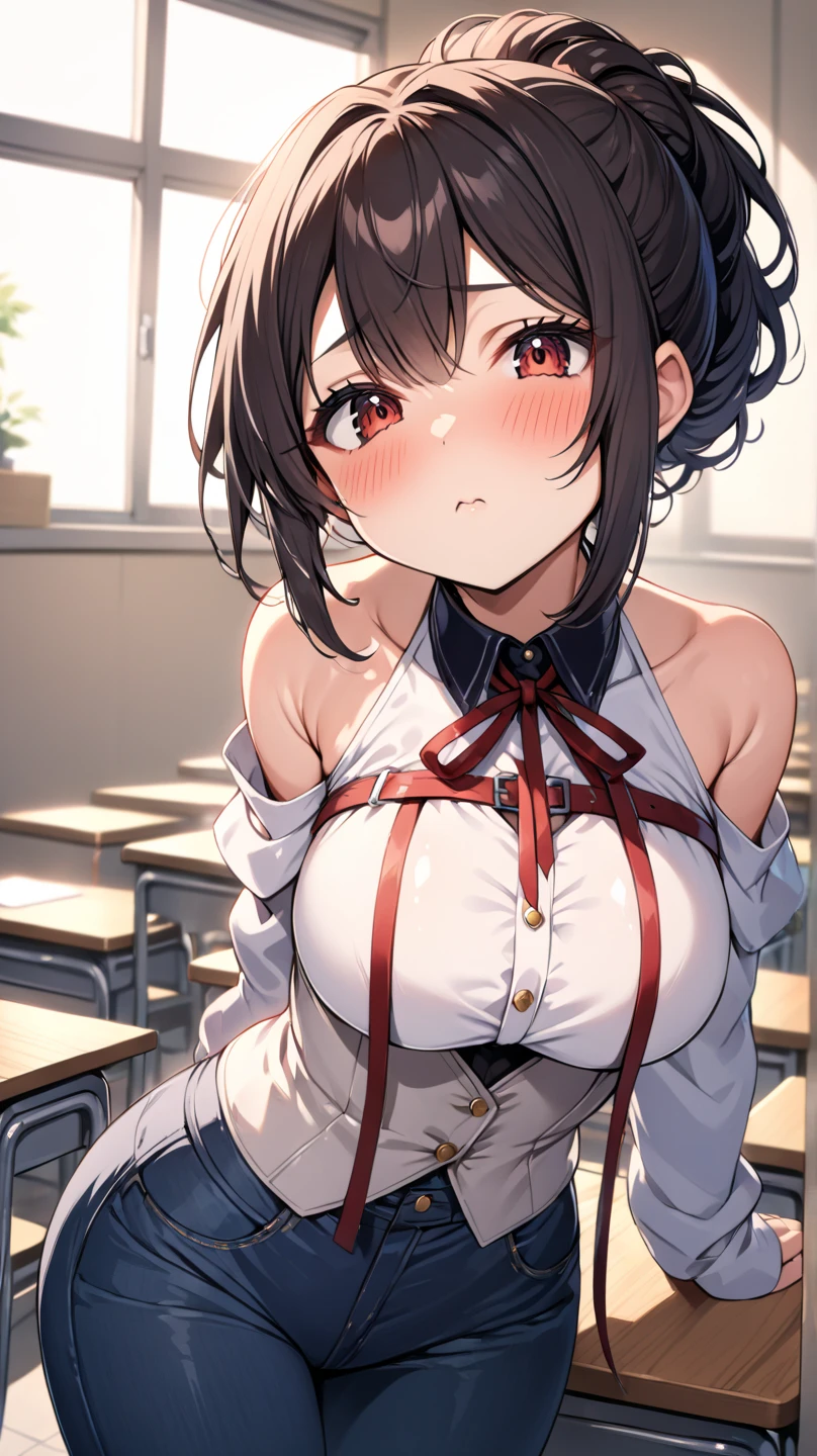 (nsfw:1.5),((table top, highest quality, High resolution, nffsw, perfect pixel, 4k, nffsw, nffsw))), 1 girl, single, alone, beautiful woman、I could see the whole body、 ((middle wave hair, bangs, brown hair)), ((brown eyes, beautiful eyelashes, realistic eyes)), ((detailed face, blush:1.2)), ((smooth texture:0.75, realistic texture:0.65, realistic:1.1, Anime CG style)), medium breasts, dynamic angle, perfect body, ((red bow tie, , black jacket, open jacket, brown cardigan, white shirt, black skirt, plaid skirt)), city stairs、Looking up from the bottom of the stairs、Very embarrassing panic face, looked back、lean forward、(The wind flipped my skirt and exposed my butt.........................、touch your butt with both hands、Random color floral lace panties)、(sexual fluid overflowing:1.5)、screaming with open mouth、The strong man behind