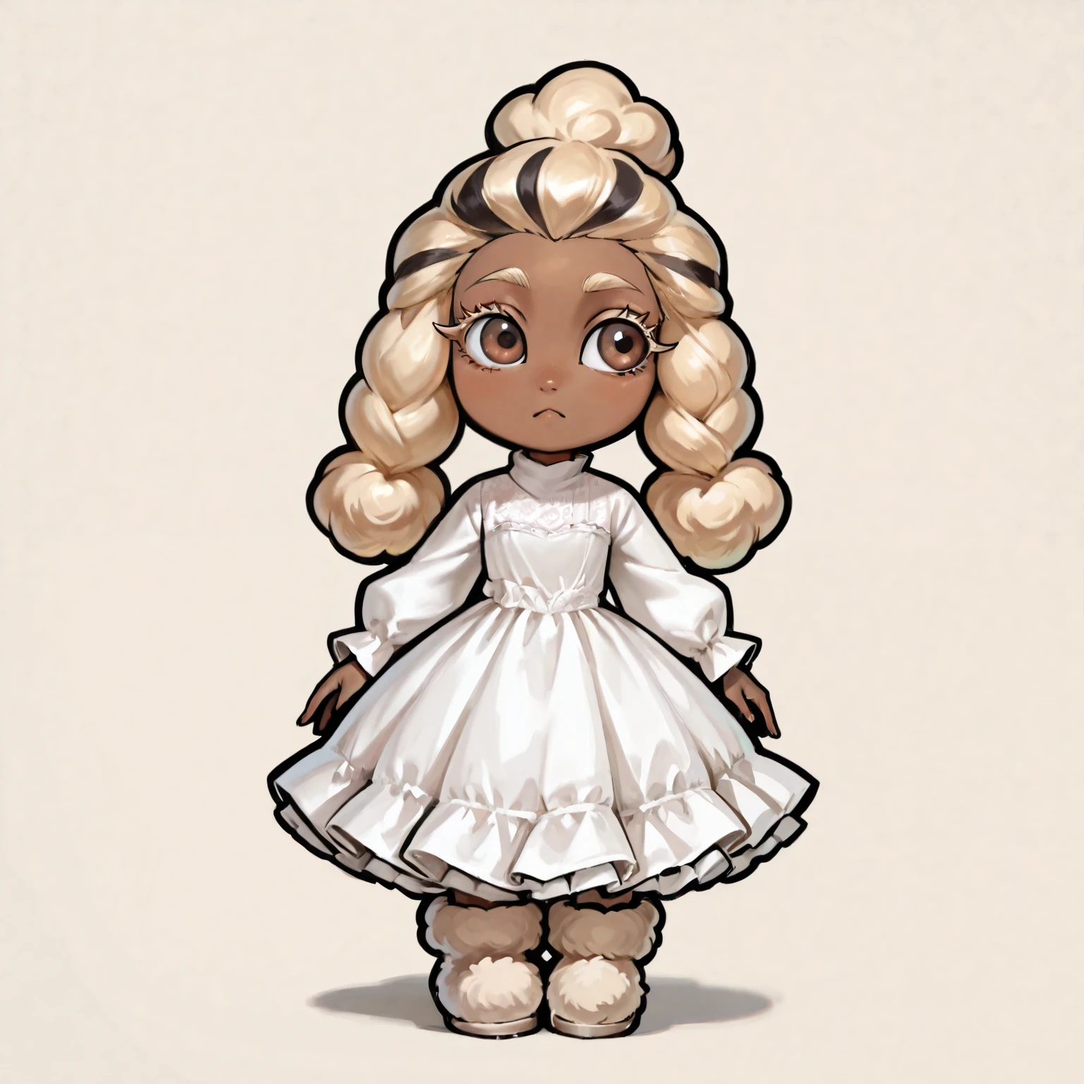Brown skin, curly black hair, blonde streaks, cute, frilly dress, brown eyes, thick blonde eye lashes, poodle tail, poodle ears, fur boots,