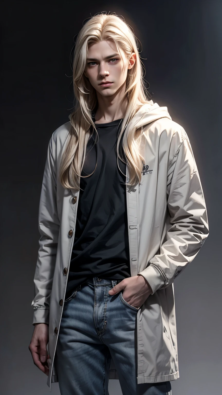 Tall standing 25 years old man, handsome mesmerising face man, pale skin, very light gray beautiful eyes, long straight light blonde hair no braids, gentle face features, v-shaped chin, wearing white and gray baggy outfit hoodie and jeans, standing in front of the camera, arm touching neck, plain white background, Blonde Hair, Straight Hair, sad, tired, Pain, Lonely, Depressed, Despair, Simple background, Cinematic, Photorealistic, Realism, 2.5D art, Digital art, visual novel character, 2.5d realistic, Solo, High Resolution, Long Hair, Best Quality, Anatomically Correct, Accurate, Masterpiece, UHD