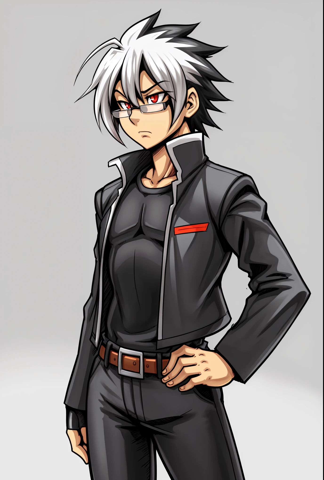 Capcom SNK Style, (adult, sketch-ish, 2d, absurdres, best quality, uploaded on e621), (by uc77:1.1), (by zeekzag:1.35), (by sssonic2:1.1), by skidd, by john joseco, by kadath, by bigdad, [by shonuff, by scappo], ((white background, no background:1.4)), (waist portrait, manga styled, manga styled eyes, studio trigger anime style:1.2), (glasses), (red eyes), (human, male, caucasian), young adult, solo, (stern and focused expression, curious), (grey jacket with yellow shirt:1.2), (belt, black jeans), (spike side-parted fringe, black and white hair, two-tone hair, multi-colored hair:1.2), (really thin simple eyebrows:1.3), [straight hair:0.8], cybernetic mecha arm, fake anime screencap