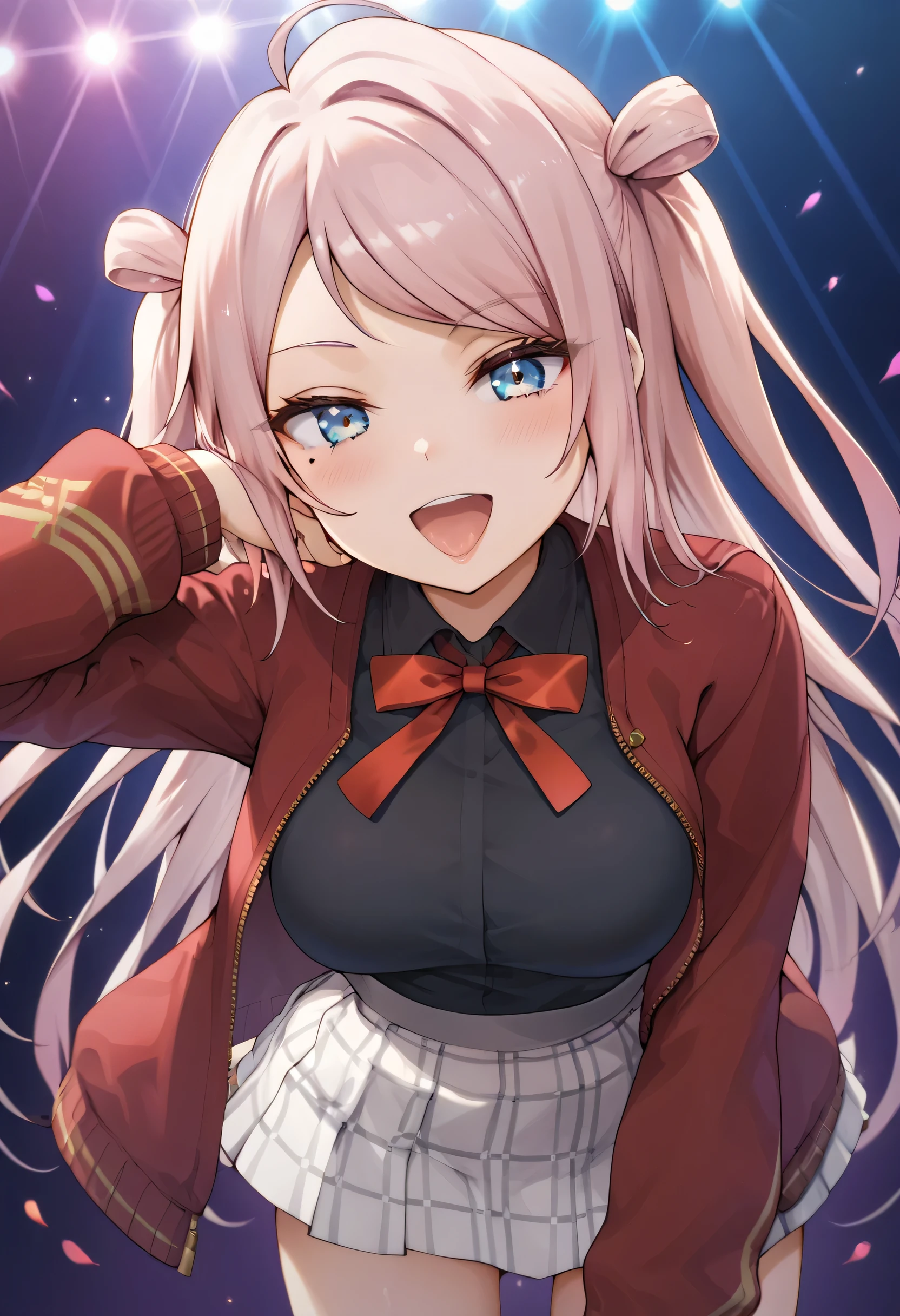 An image of Lanzhu Zhong , She has a mole under her right eye , with pink hair of a slim build wearing a red jacket, black blouse and white skirt , with a red bow around the neck . She is in Doggystyle while singing and dancing , showing her panties.