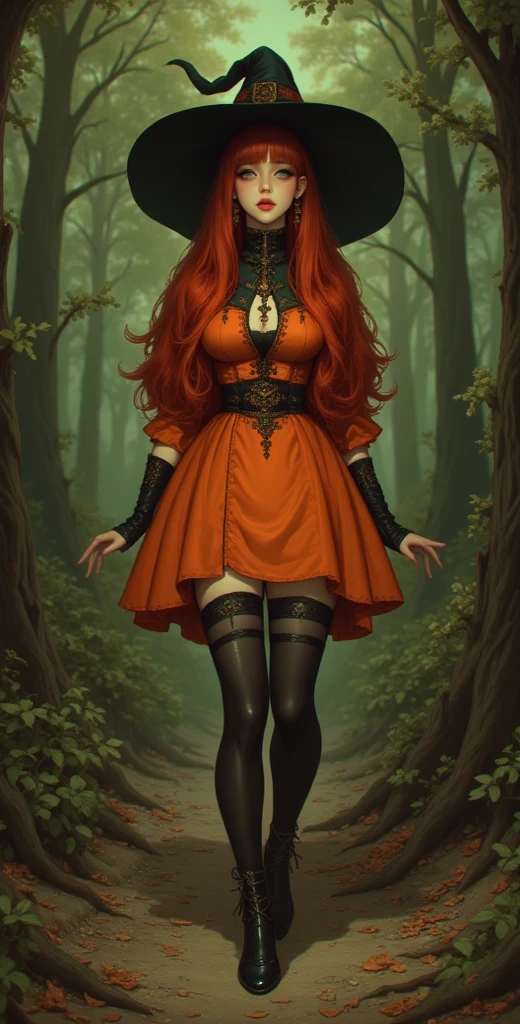young girl, kim chaewon as a sexy young girl, full body view, fullbody, full body, kim chaewon is a girl, 1girl, forest background, kim chaewon, girl, small breast, figure, long red hair, red eyes, face front, tight purple fantasy pirate top, tight fantasy pirate clothes, emotional face, make up, masterpiece, best quality,