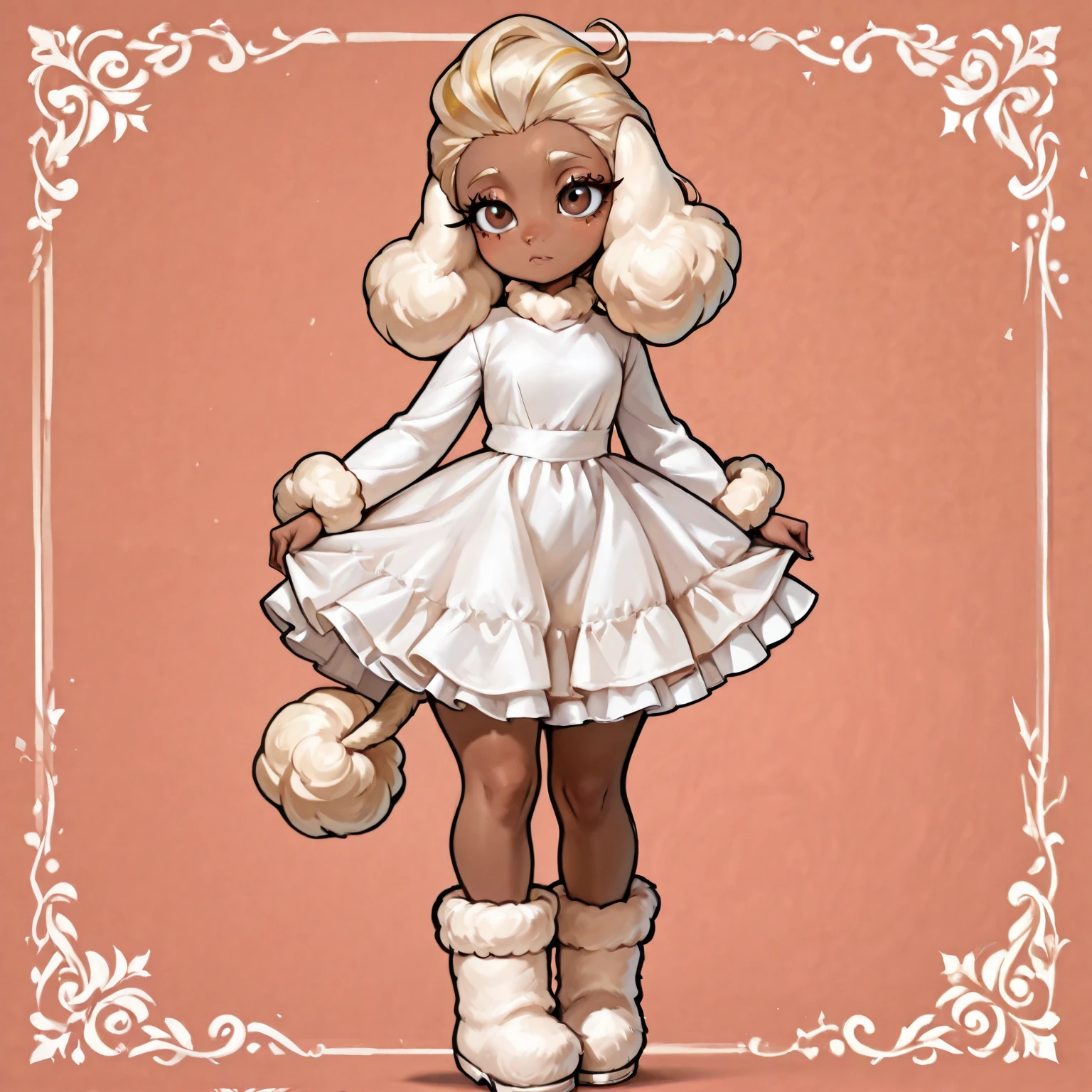 Brown skin, curly black hair, blonde streaks, cute, frilly dress, brown eyes, thick blonde eye lashes, poodle tail, poodle ears, fur boots, curvy, curvaceous