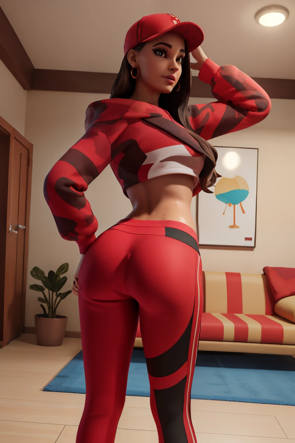 realisticlying,Face Real、16yo girl、Look up from below wearing a green tight-fitting turtleneck sweater that emphasizes the luster of the skin、Close up of sitting on a chair with your back turned、Wearing red shorts、s ass、emphasizing thighs、Face smile