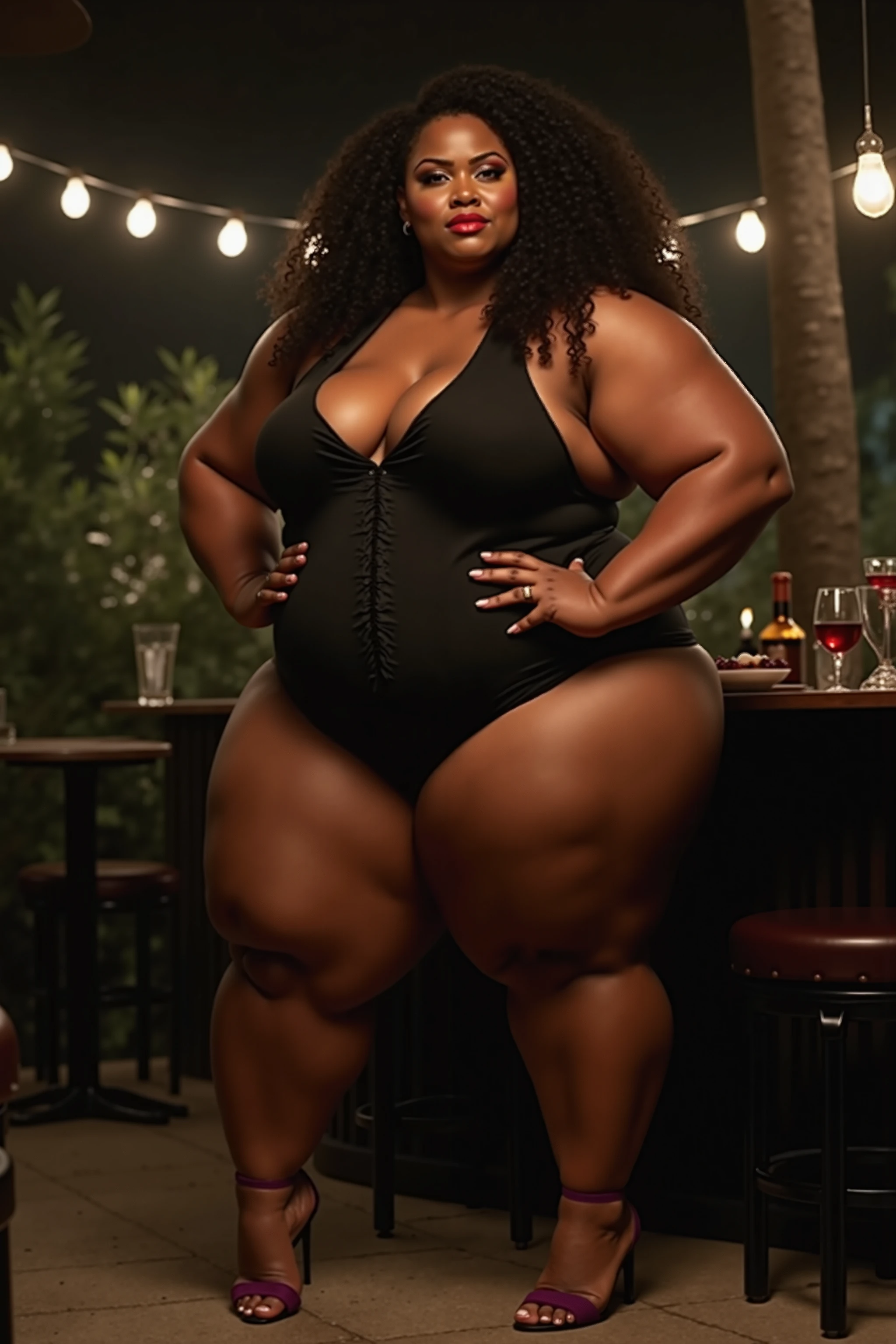 Roxanne Hancock, her name is Shaniqua, high quality, 1 old woman, ((50-year-old pear shaped body black woman)), ((50 years old)), (((pear shaped body 1.9))), ((thick thighs)), ((wrinkled body)), ((((old body)))), ((short curly hair)), (no make up), (she is wearing an elegant silk party dress), POSE: standing, BACKGROUND: indoor: inside a fancy bar